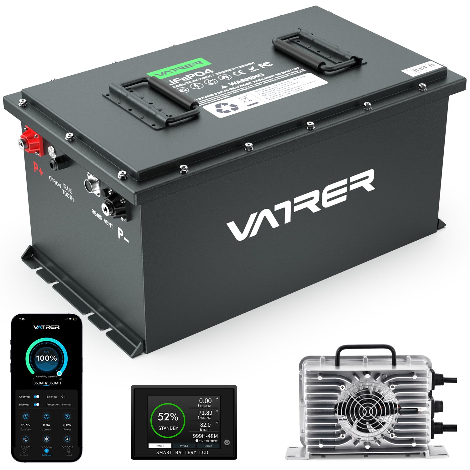 Vatrer Power 72V (70.4V) 105Ah Lithium Golf Cart Battery, Built-In 200A Bms, With Touch Monitor & Mobile App, 4000+ Cycles Lifep