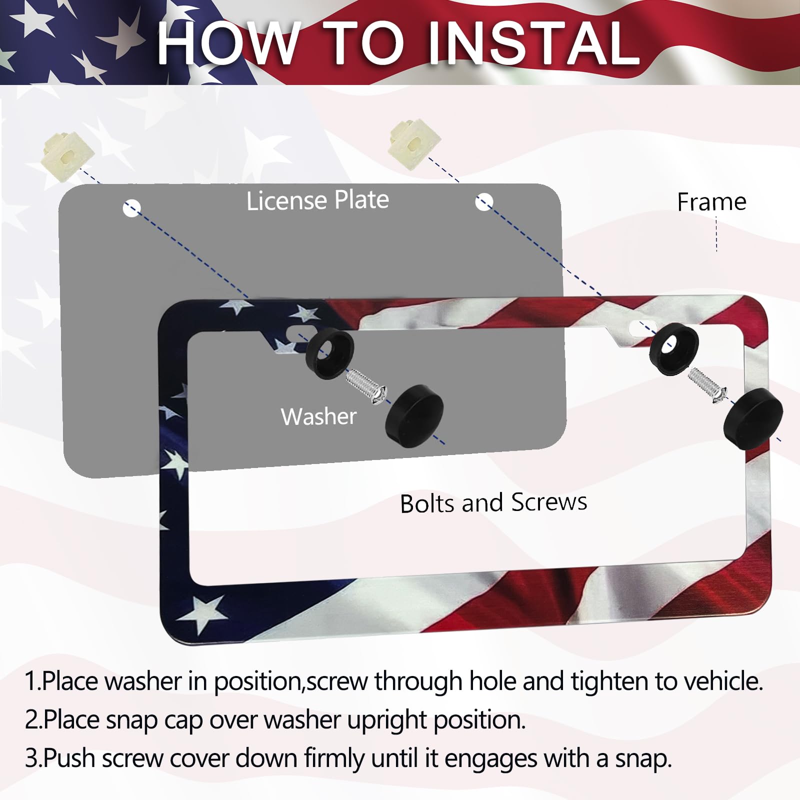 Patriotic American Flag License Plate Frame Holder - 2 Pack Universal Quality Metal Aluminum Matte Stripe Us Flag Gloss Car Plat