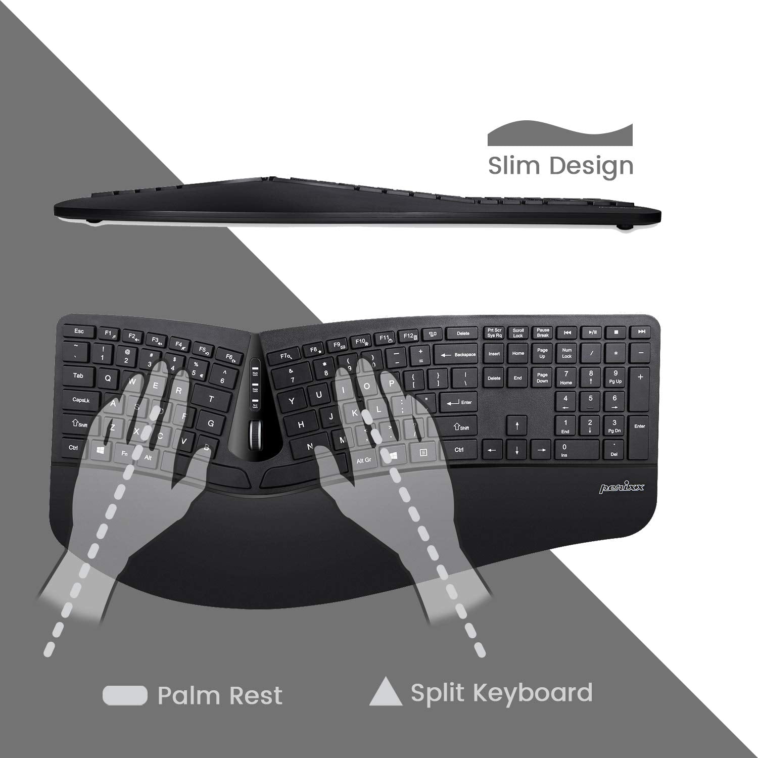 Perixx Periduo-605, Wireless Ergonomic Split Keyboard And Vertical Mouse Combo, Adjustable Palm Rest And Membrane Low Profile Ke