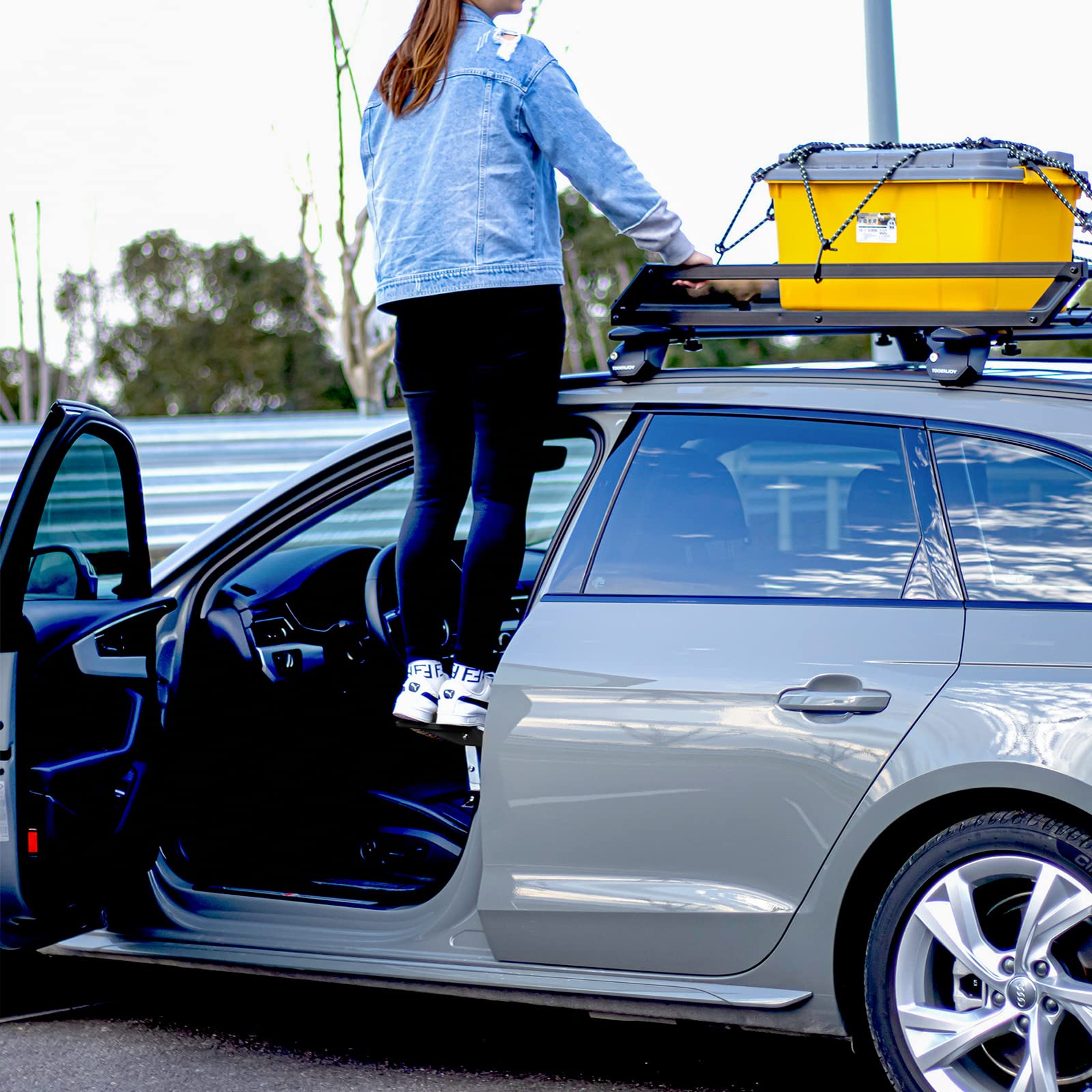 Tooenjoy Extra Protection Car Door Latch Step Both Feet Stand Pedal Ladder/No Assemble Foldable Heavy Duty Car Gadgets For Roof