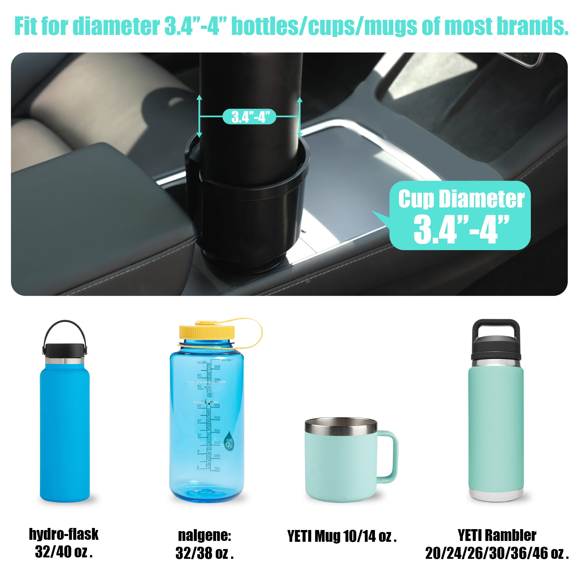 Upgraded Large Cup Holder Expander For Car With Offset Expandable Base Compatible With Yeti Mug10/14Oz Yeti Rambler 24/26/36/46Oz Hydro Flasks 32/40Oz Other Large Bottles In 3.4-4 Diameter