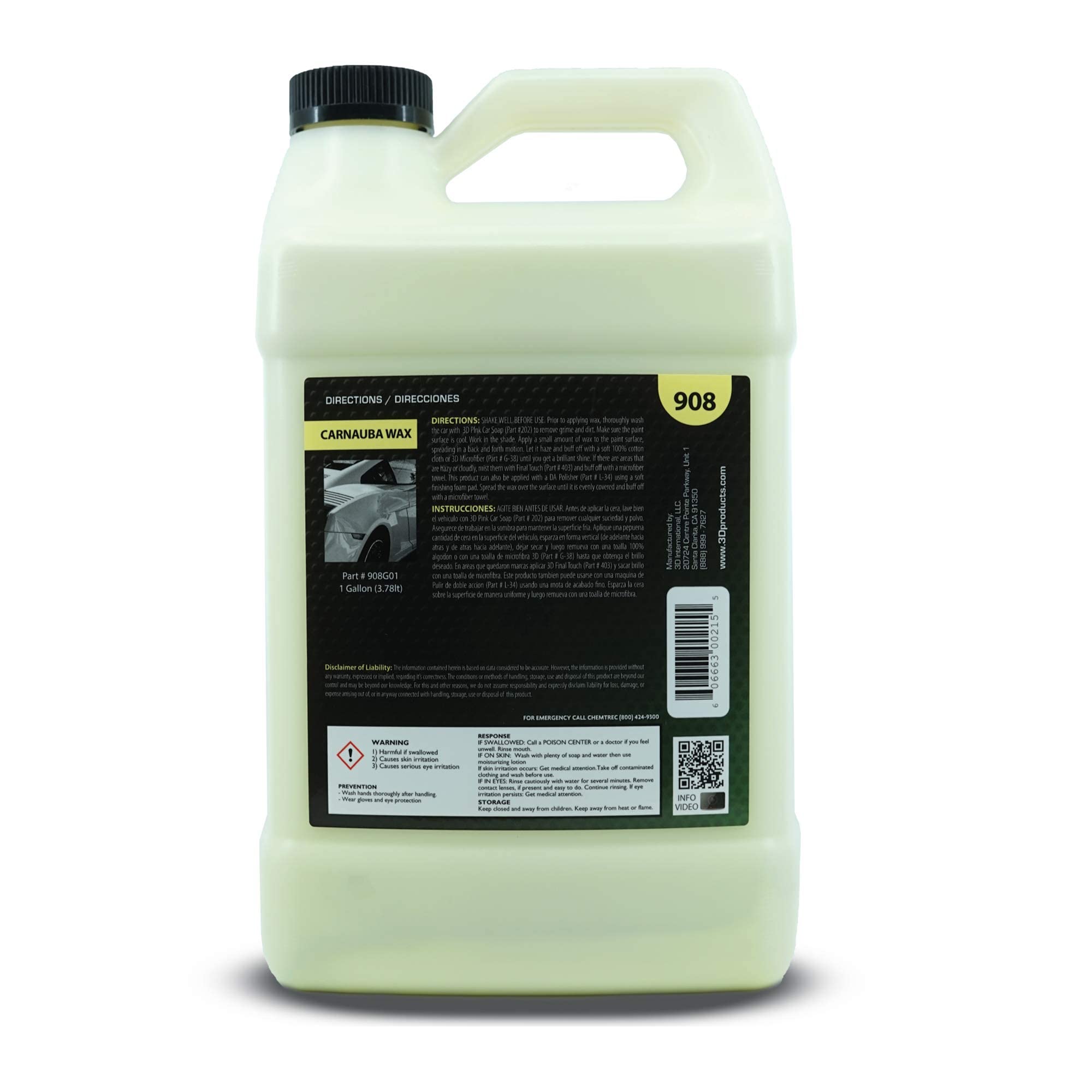 3D Carnauba Wax - High Gloss, Deep Shine Brazilian Carnauba Liquid Wax - Long Lasting Uv Paint Protection - Easy Application On Cars, Rvs, Boats, Motorcycles - Non-Staining Detailing Products 1 Gallon