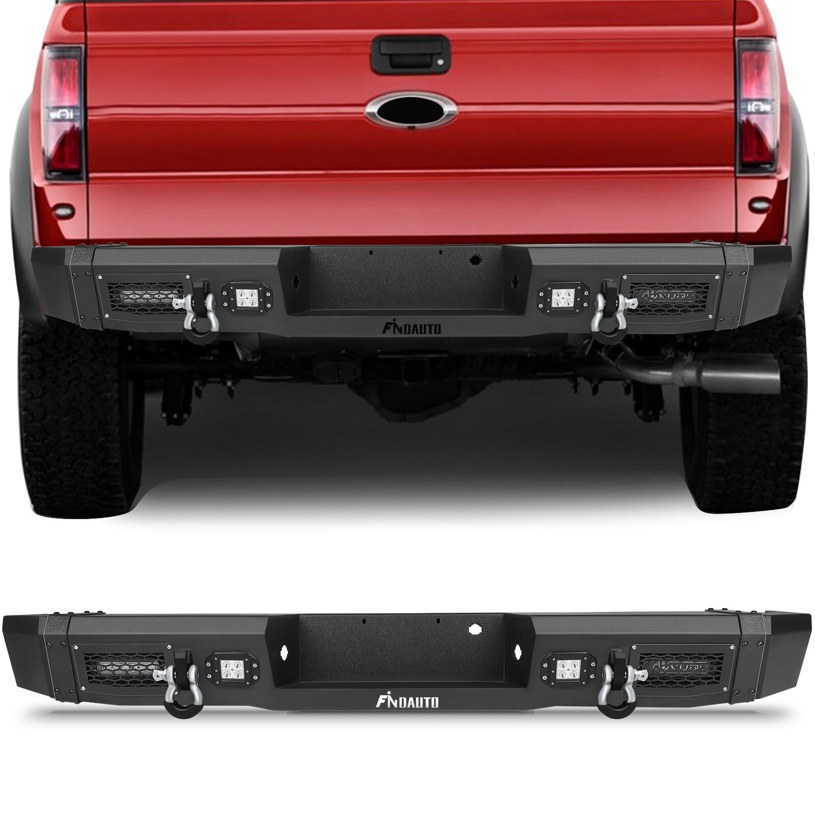 Findauto Rear Bumper Fit For 2010-2014 Ford F-150 With D-Ring And Led Lights Upgraded Textured Black Rock Crawler Bumper