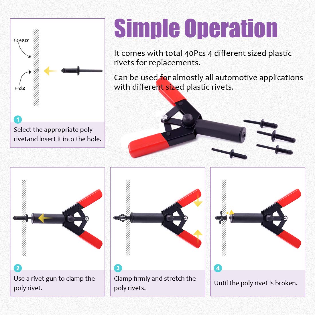 Swpeet 41Pcs Poly Rivet Gun Set With 1Pcs Rivet Removal Tool, Poly Rivet Tool For All Plastic Rivets Safe Metal Or Plastic Clips Removal - Free Fastener Remover Included