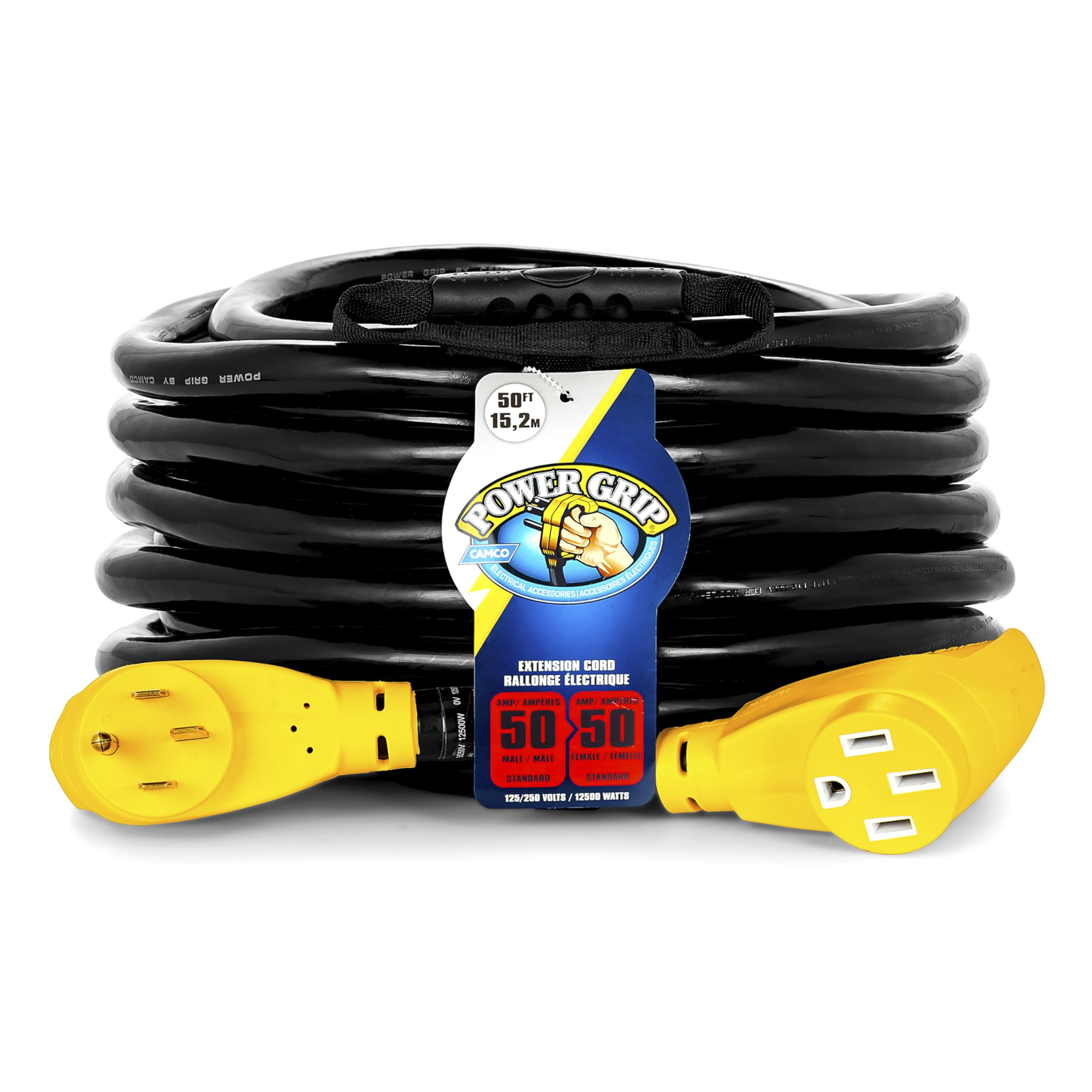 Camco Power Grip 50-Ft 50 Amp Rv Extension Cord - Rated For 125/250 V/12,500 W - Features Copper 6/3 + 8/1-Gauge Wires For Super