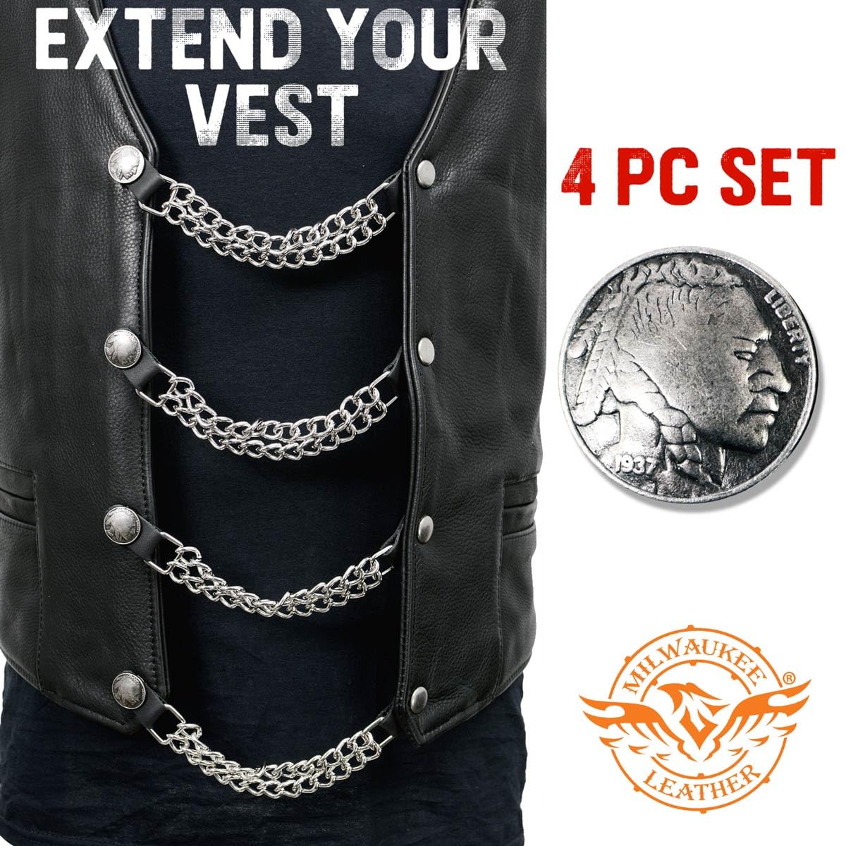 Milwaukee Leather Indian Head Medallion Vest Extender - Double Chrome Chains Genuine Leather 8.5 Extension 4-PCS MLA6044SET -