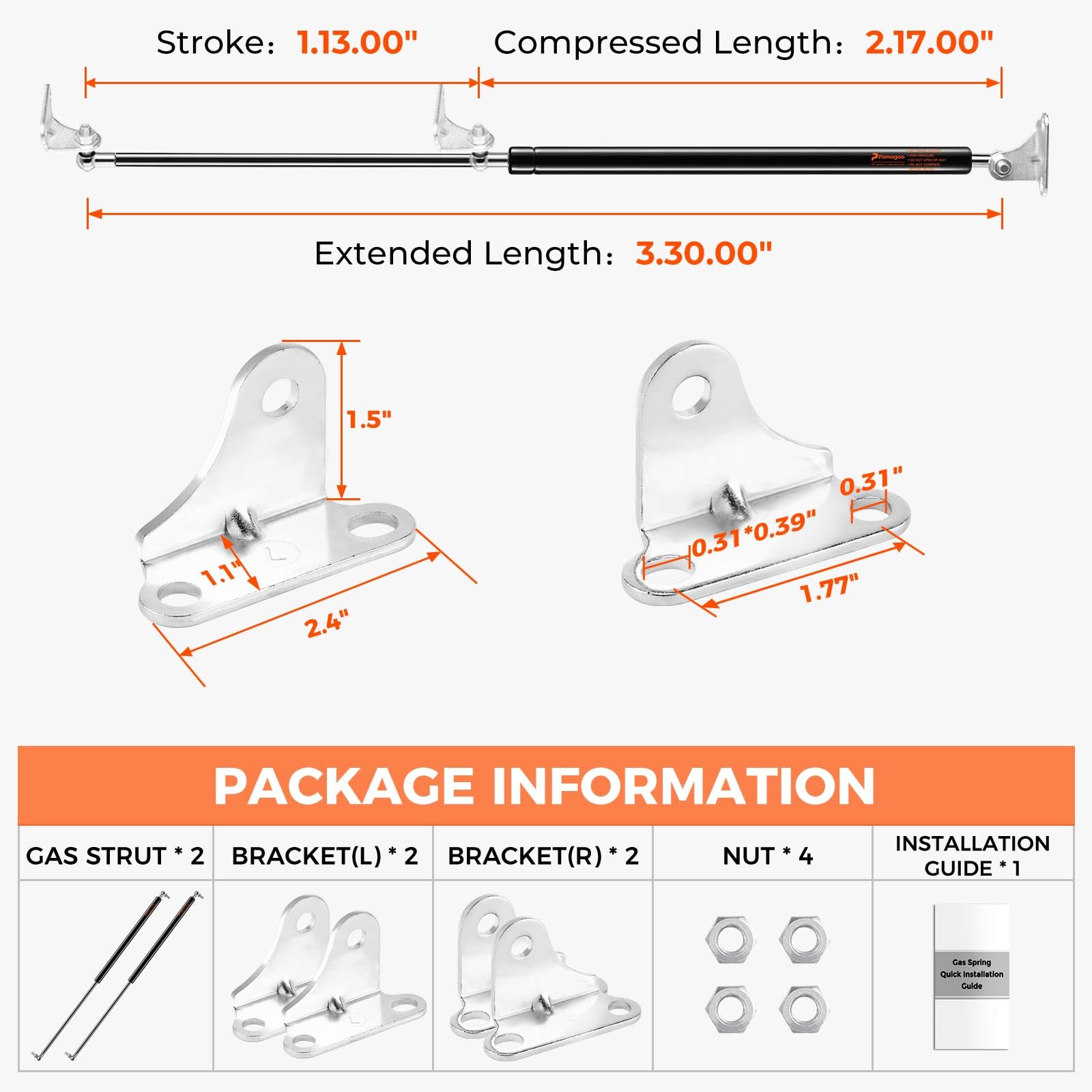 Pamagoo 30 Inch Gas Strut 80 Lbs Per Prop, 30'' Gas Shock Spring With Mounts Brackets Strut For Bar Banch Lid Basement Floor Hat