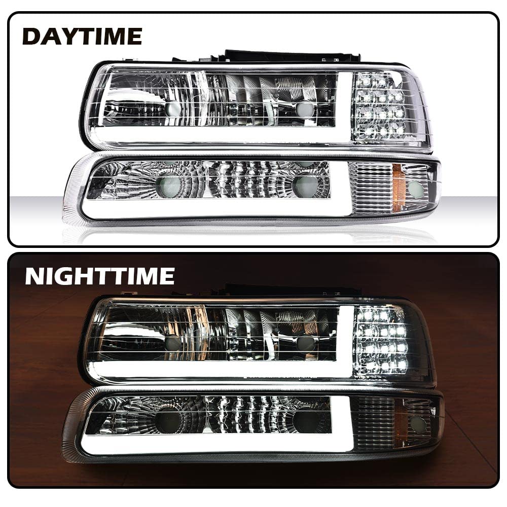 Pit66 Led Drl Headlight Assembly, Compatible With Chevy Silverado 1999-2002 /Fit 00-06 Tahoe Suburban Headlamps & Bumper Lights