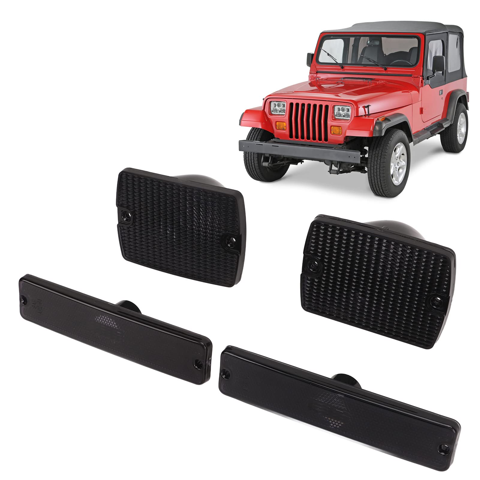 4Pc Side Marker Light And Turn Signal Light Housings 56001378 Turn Signal Sidemarker Lamps Replacement For Wrangler Yj (Smoky Bl