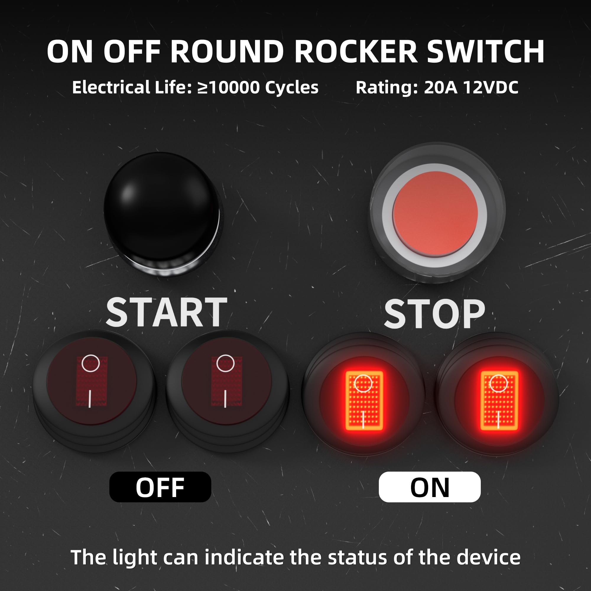 Daiertek Rocker Switch 12V 20A Waterproof Marine Round Rocker Switch Red Led Lighted [Ul Listed] On Off Toggle Switch 3 Pin Spst