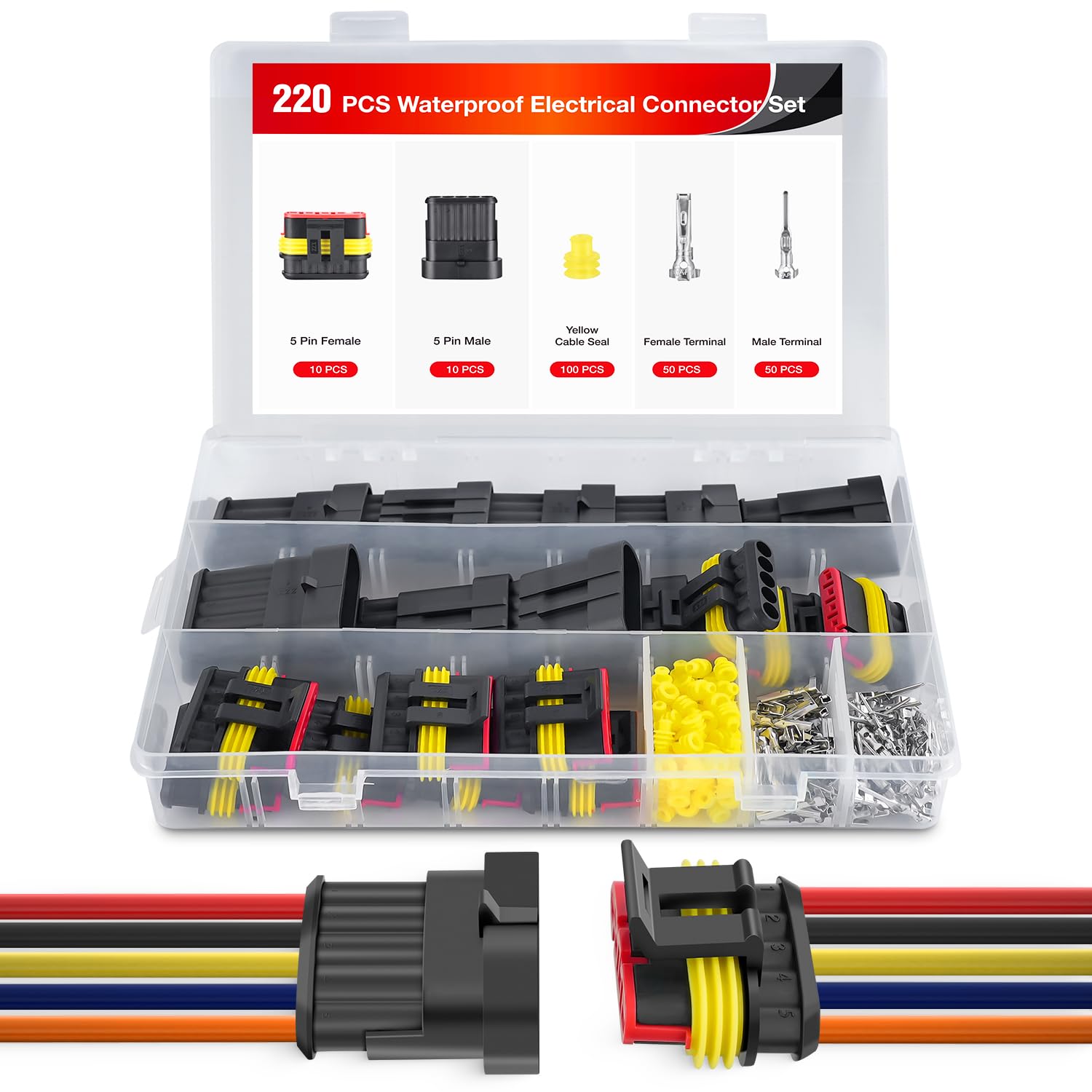 Nilight 220Pcs 5 Pin Electrical Connector Plug Male Female Terminal Wire Connectors Waterproof 5 Way Automotive Connect Set For