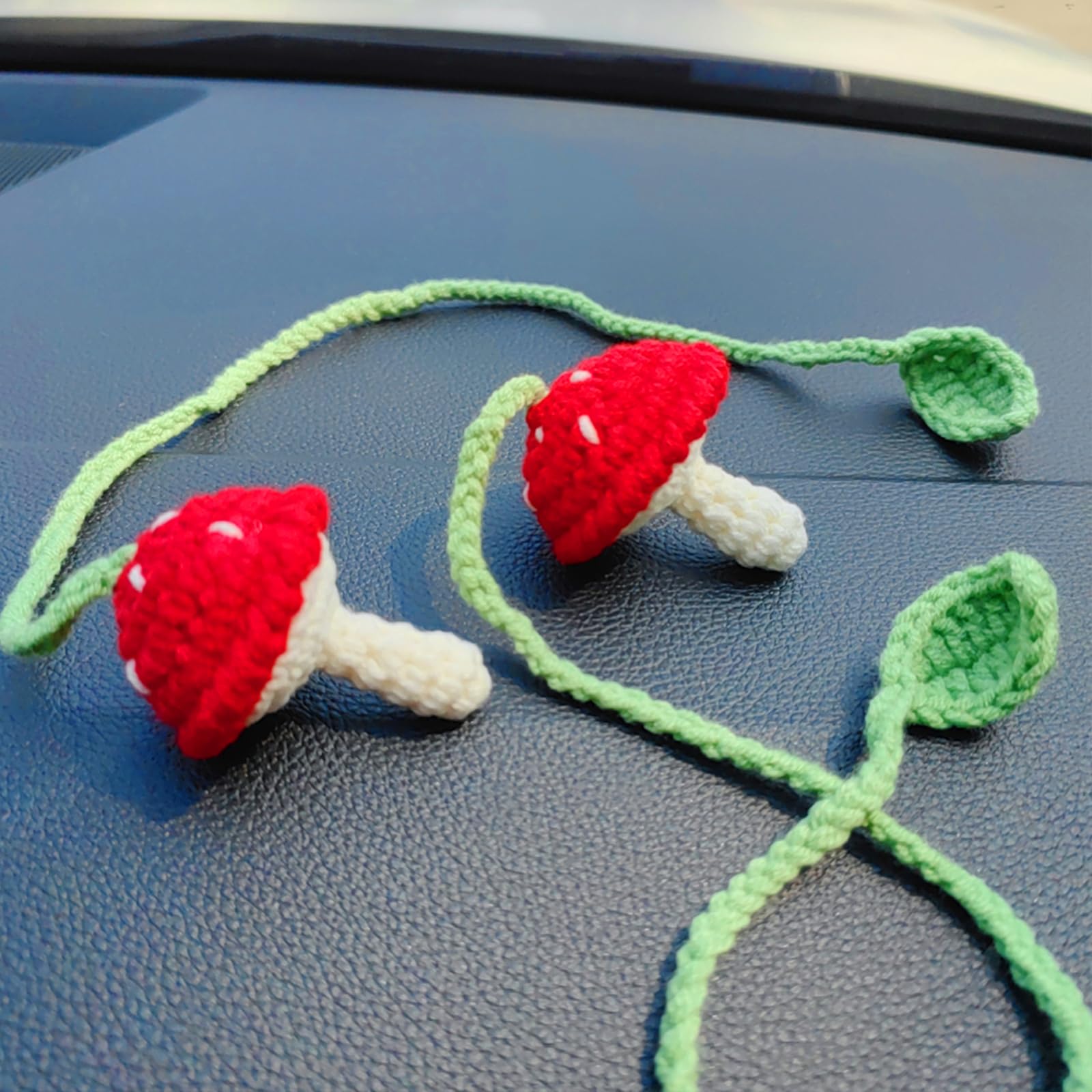 Simulated Plants Crochet Rear View Mirror Accessories, Swinging Mushroom Car Hanging Ornament, Car Mirror Hanging Accessories, C