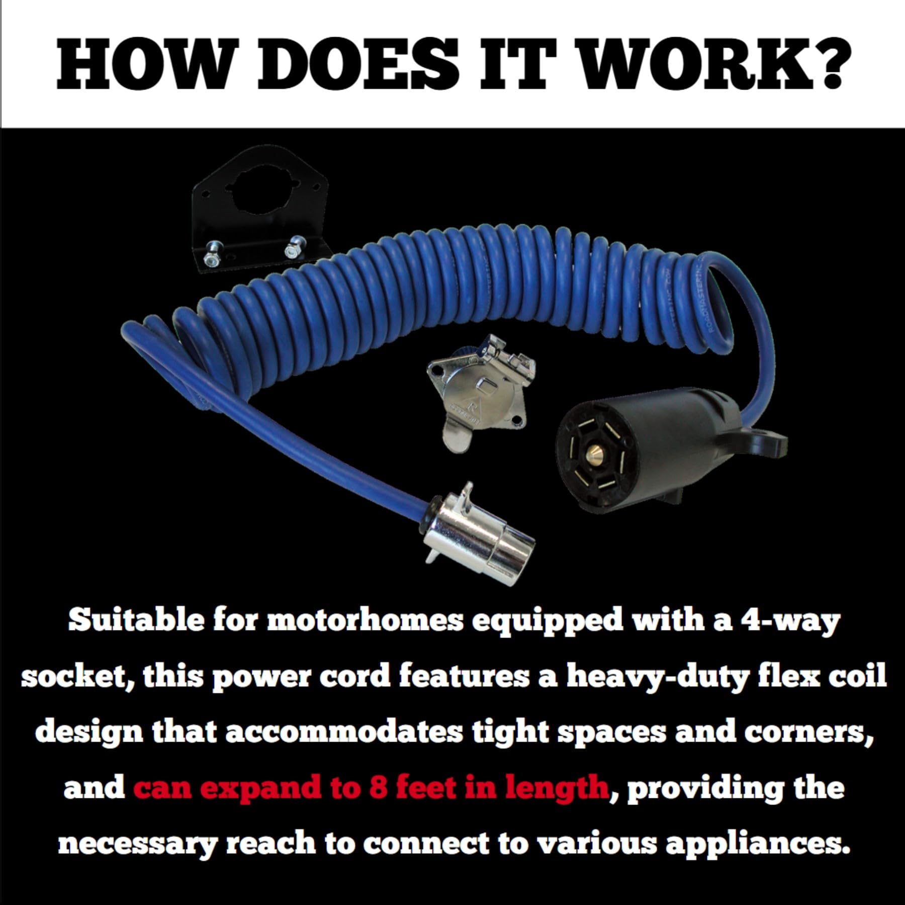 Roadmaster 164-7 Flexo-Coil 7-Wire To 4-Wire Adaptive Power Cord With Plugs, Sockets, & Socket Bracket Included | Designed For Motorhomes With 4-Way Sockets | Water, Oil, & Chemical Resistant