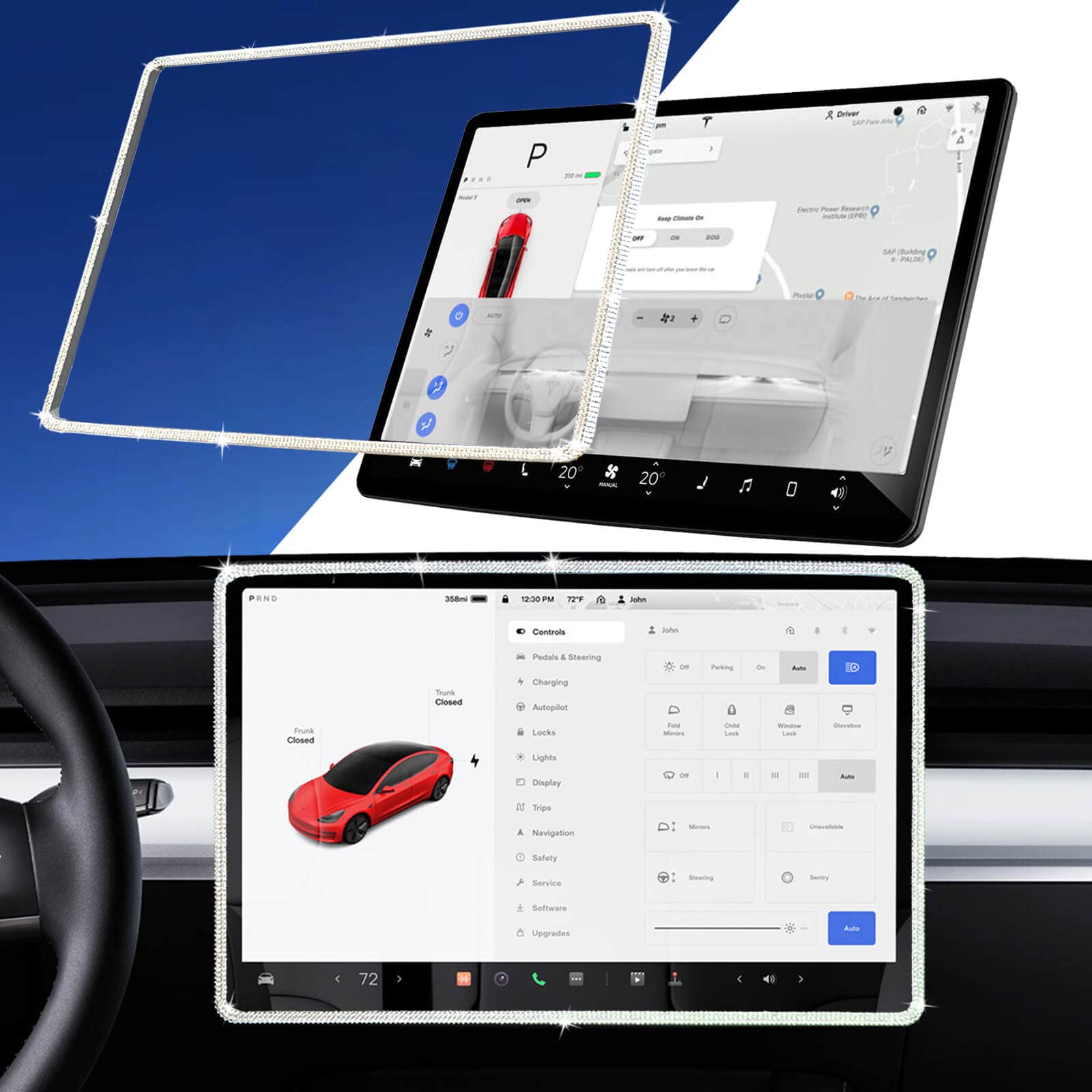 Yeapop Bling Bling Rhinstones Screen Protector For Tesla Model 3 2017-2023 And Model Y, Sparkly Center Console Accessories For 3