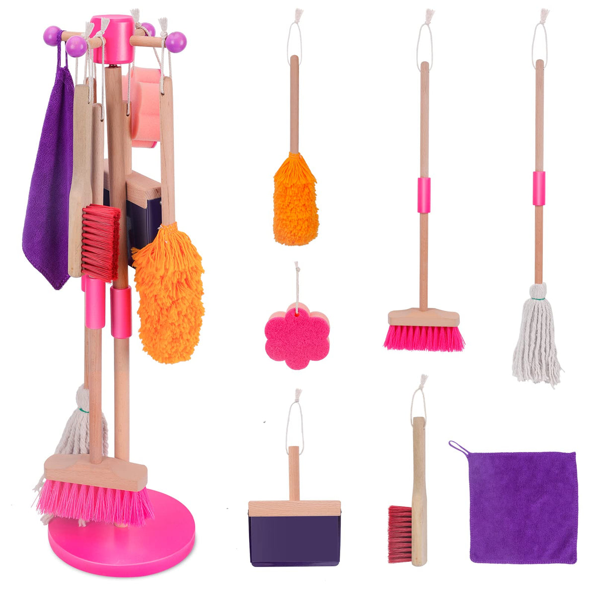 Mastertop Kids Cleaning Set 8 Piece, Wooden Detachable Cleaning Toys For Toddlers, Broom Dustpan Mop Brush Duster Rag Sponge And