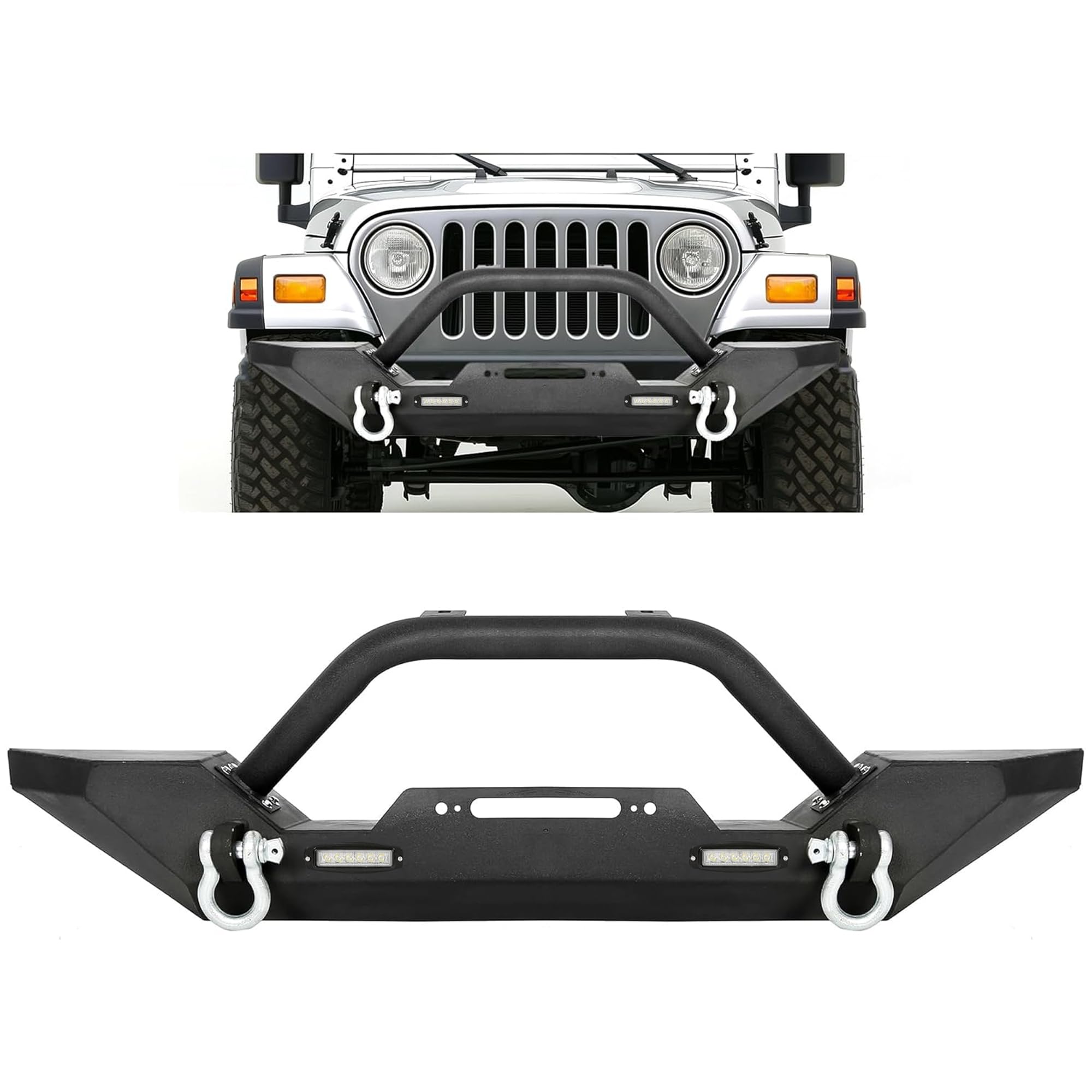 Ecotric Front Bumper Compatible With 1987-2006 Jeep Wrangler Tj Yj With Winch Plate D-Ring And 2 Led Lights Black Rock Crawler H