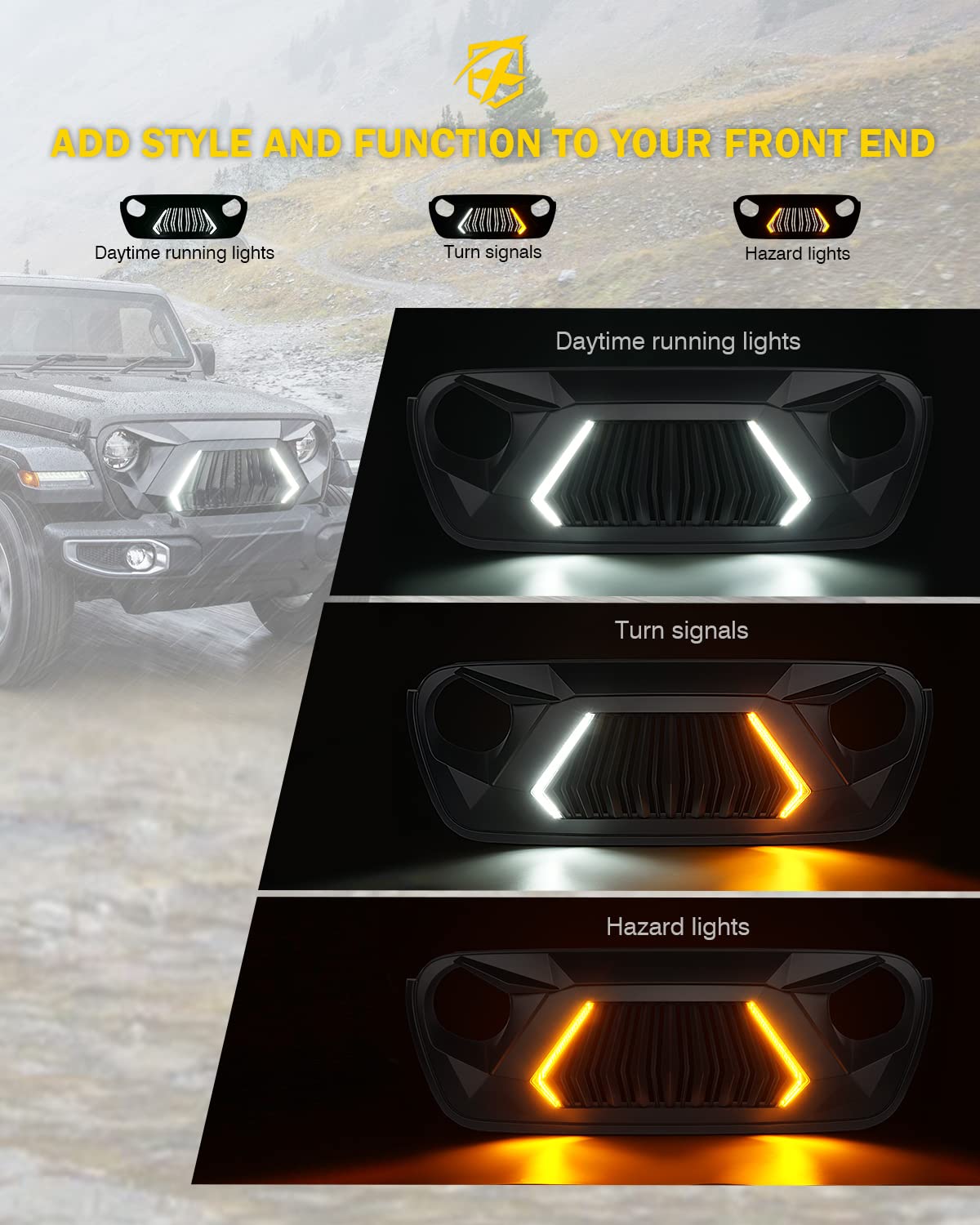 Xprite Front Grill W/Led Light Include Running, Turn Signals, Unique Patented Design Compatible With 2018-2025 Jeep Wrangler Jl