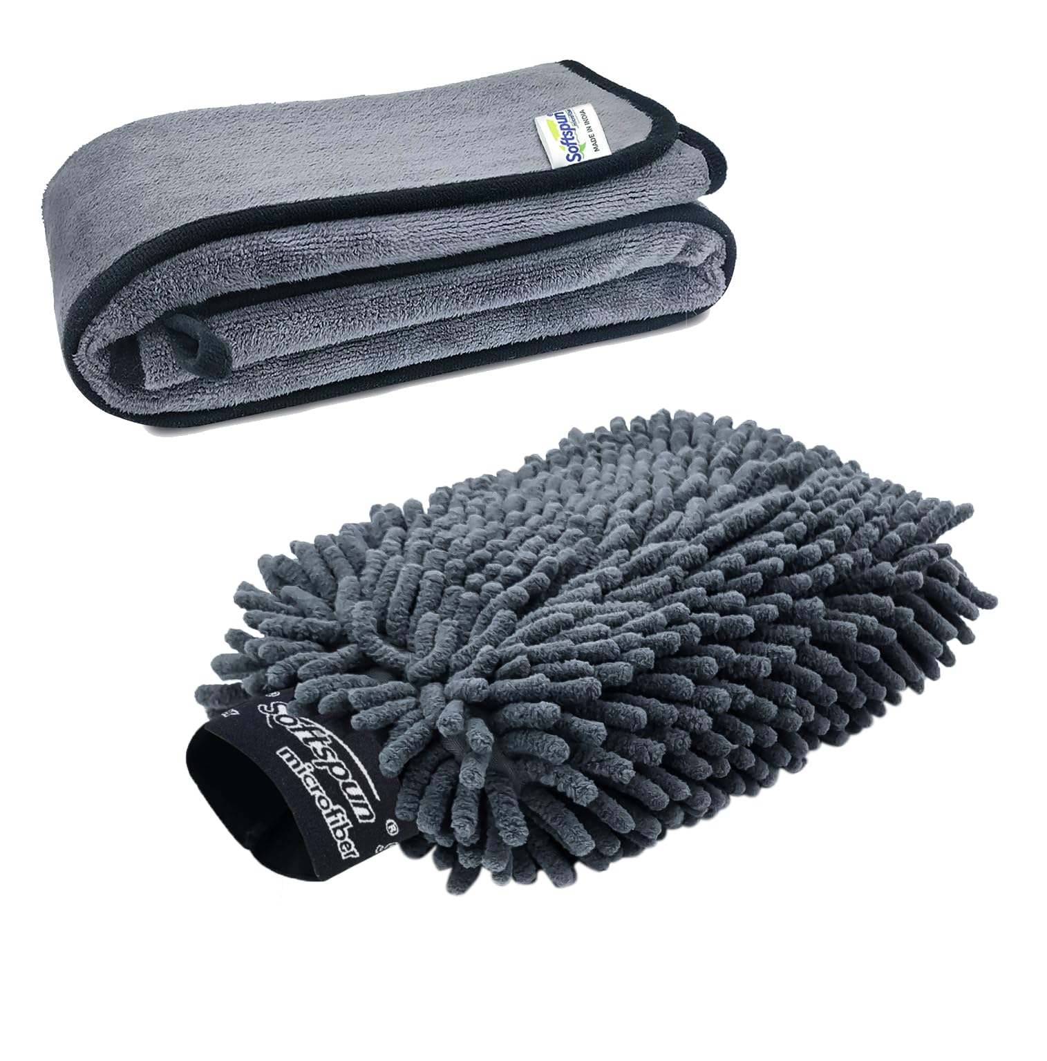 SOFTSPUN Microfiber DoubleSide Gloves 1700 GSM with Towel 500 GSM Combo Set, Grey! Multipurpose Super Absorbent and Perfect Was