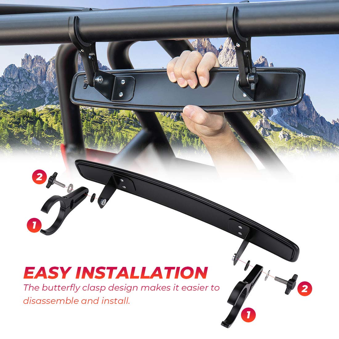 Kemimoto Utv Rearview Mirror, 15 Utv Race Convex Center Mirror With 3/4 1.75 Or 2 Clamps Compatible With Polaris Rzr Pro Xp R, Pioneer, Cfmoto Zforce, Can-Am Commander Maverick, 1000R 1000X