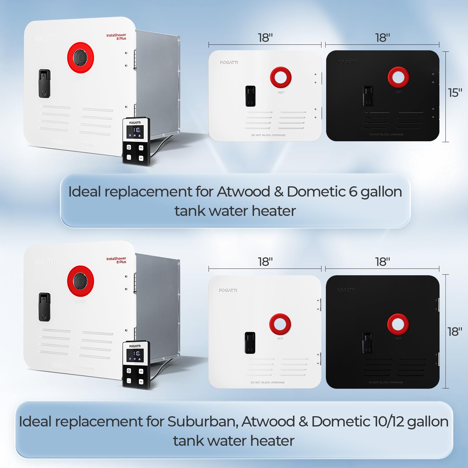 FOGATTI RV Tankless Water Heater, InstaShower 8 Plus, Gen 2, with 15 x 15 inches White Door and Remote Controller, DC 12V, Best