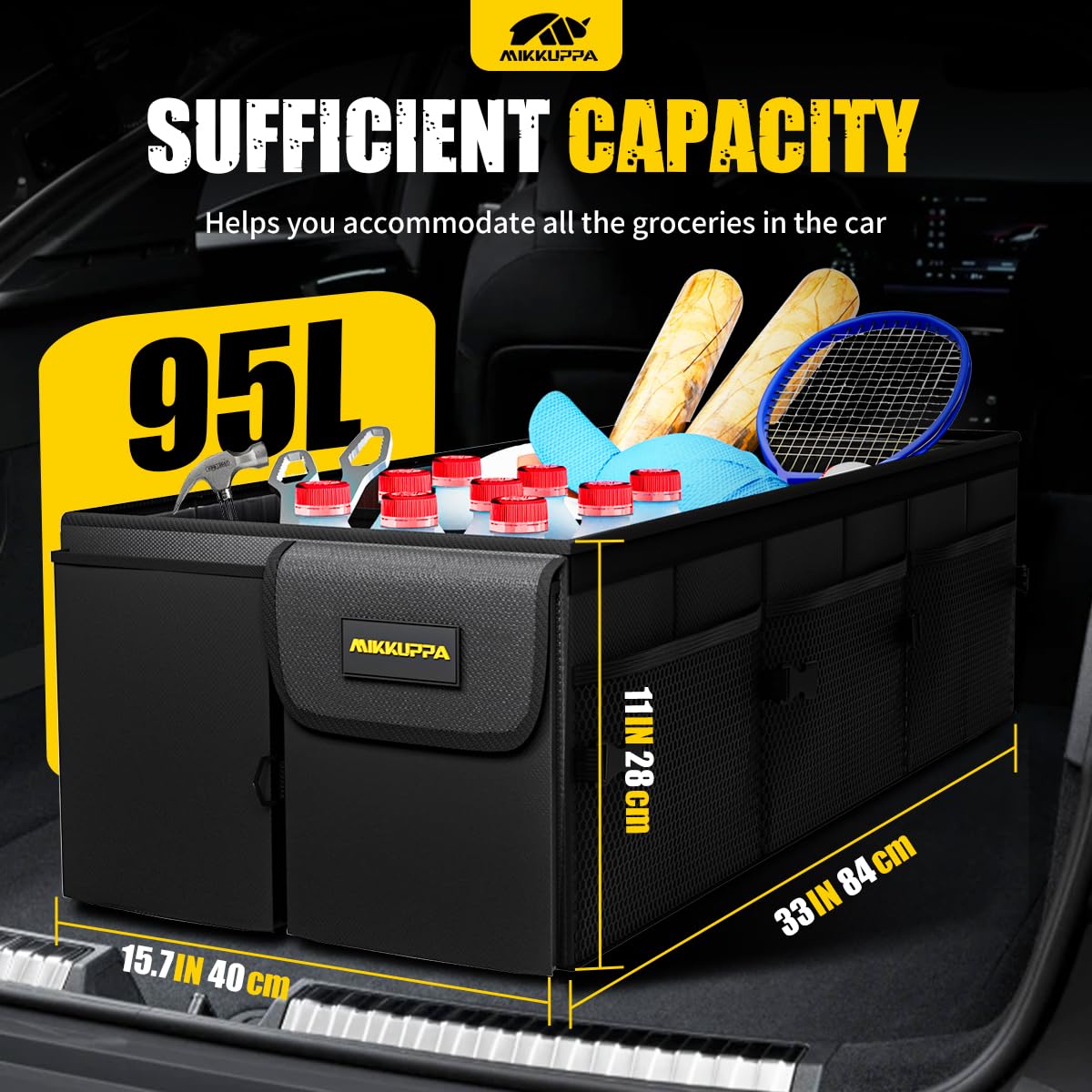 Mikkuppa Car Trunk Organizer - 95L Collapsible Trunk Organizer With Lid, Sturdy Car Storage For Suv Auto Truck Van With Adjustab