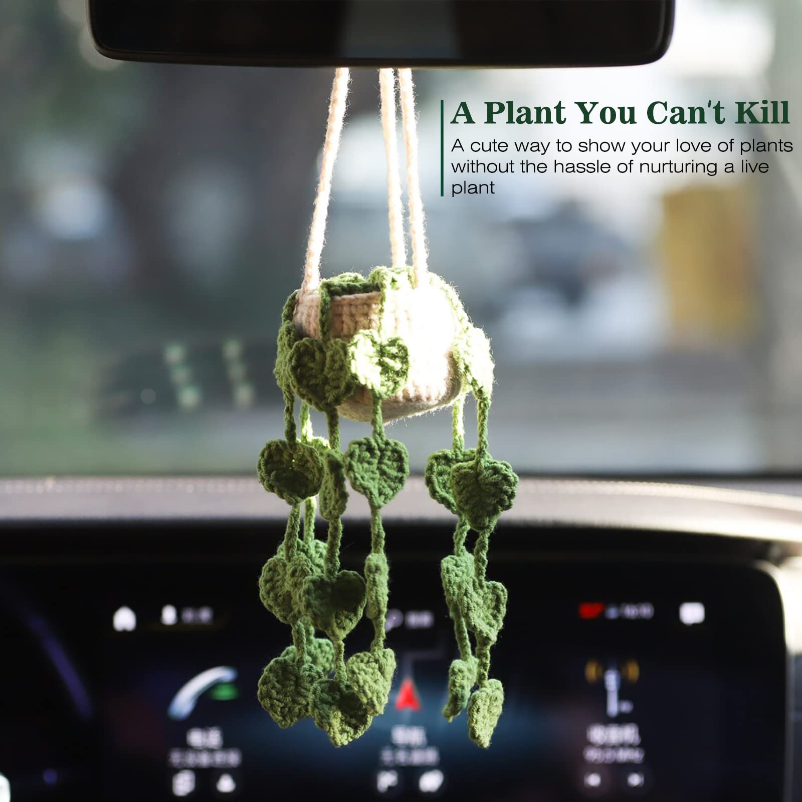 Cute Crochet Plant for Car Rear View Mirror,Boho Handmade Car Mirror Hanging Accessories for Women Girls,Green Car Interior Aest