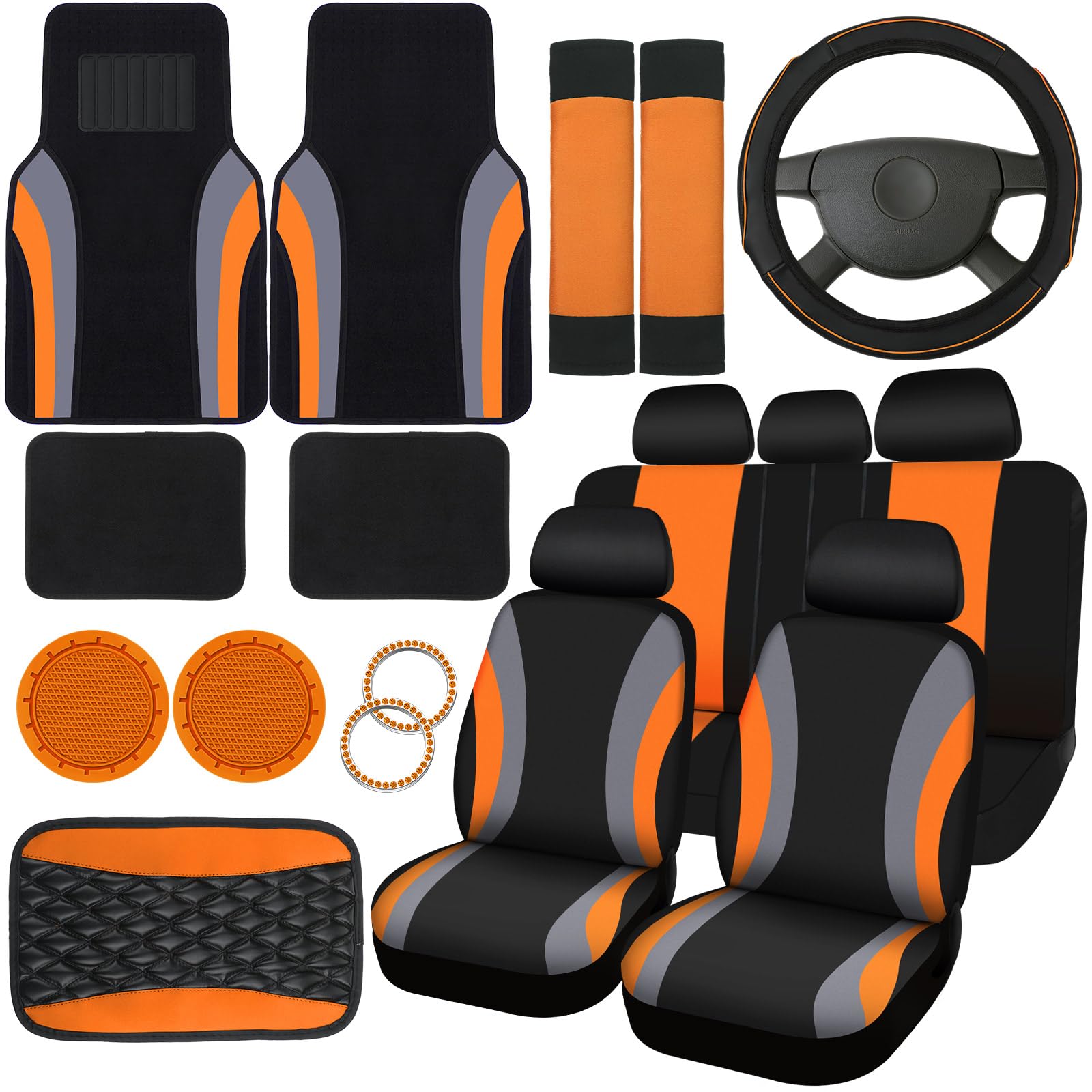 Fabbay 21 Pcs Car Seat Covers Full Set Car Floor Mats Steering Wheel Cover Armrest Seat Belt Pad Seatbelt Cup Mats Emblem Ring S