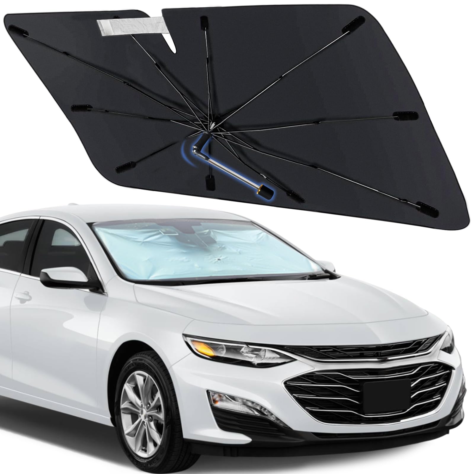 Windshield Sun Shade Umbrella for Chevrolet Malibu 2008-2025 Foldable Car Sunshade for Front Windows with 360 Rotating Shaft, Cu