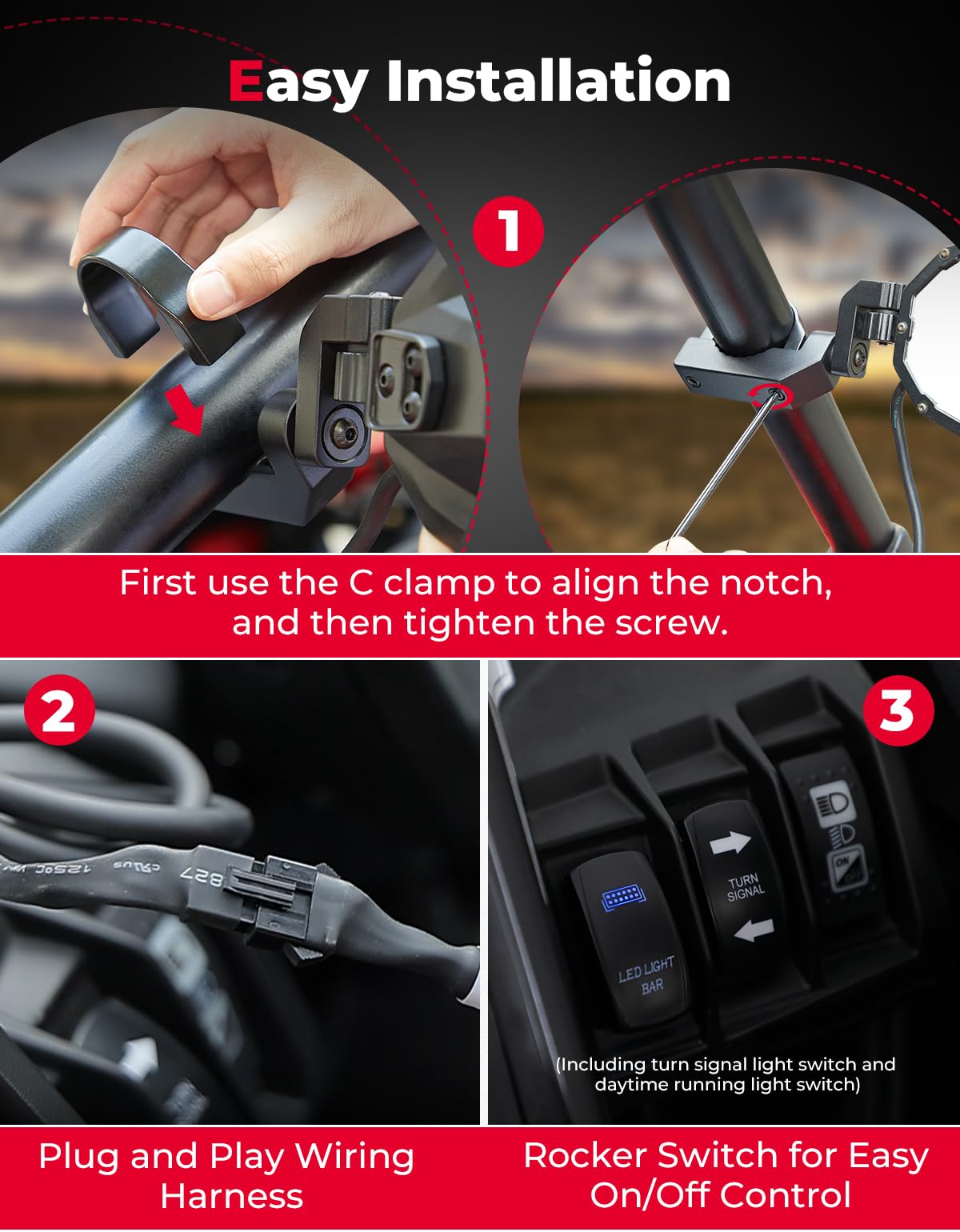 Kemimoto Utv Side Mirrors With Spot Light, Turn Signal Light For 1.6-2 In Roll Bar, Heavy Duty Aluminum Side By Side Utv Mirrors Compatible With Polaris Rzr Can-Am X3 Kawasaki Mule Teryx Pioneer Talon