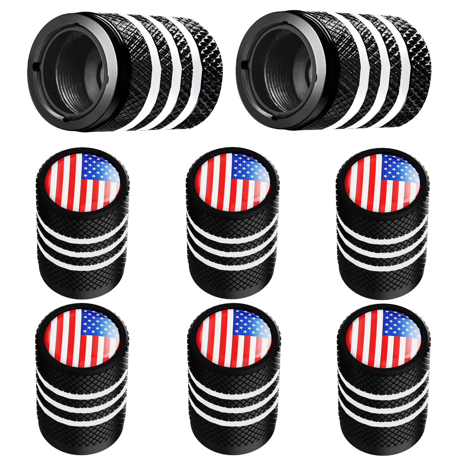 Tire Valve Stem Cap Metal with Plastic Liner 8 Pack, Corrosion Resistant, Anodized Aluminum, Leak-Proof American Flag,Universal 