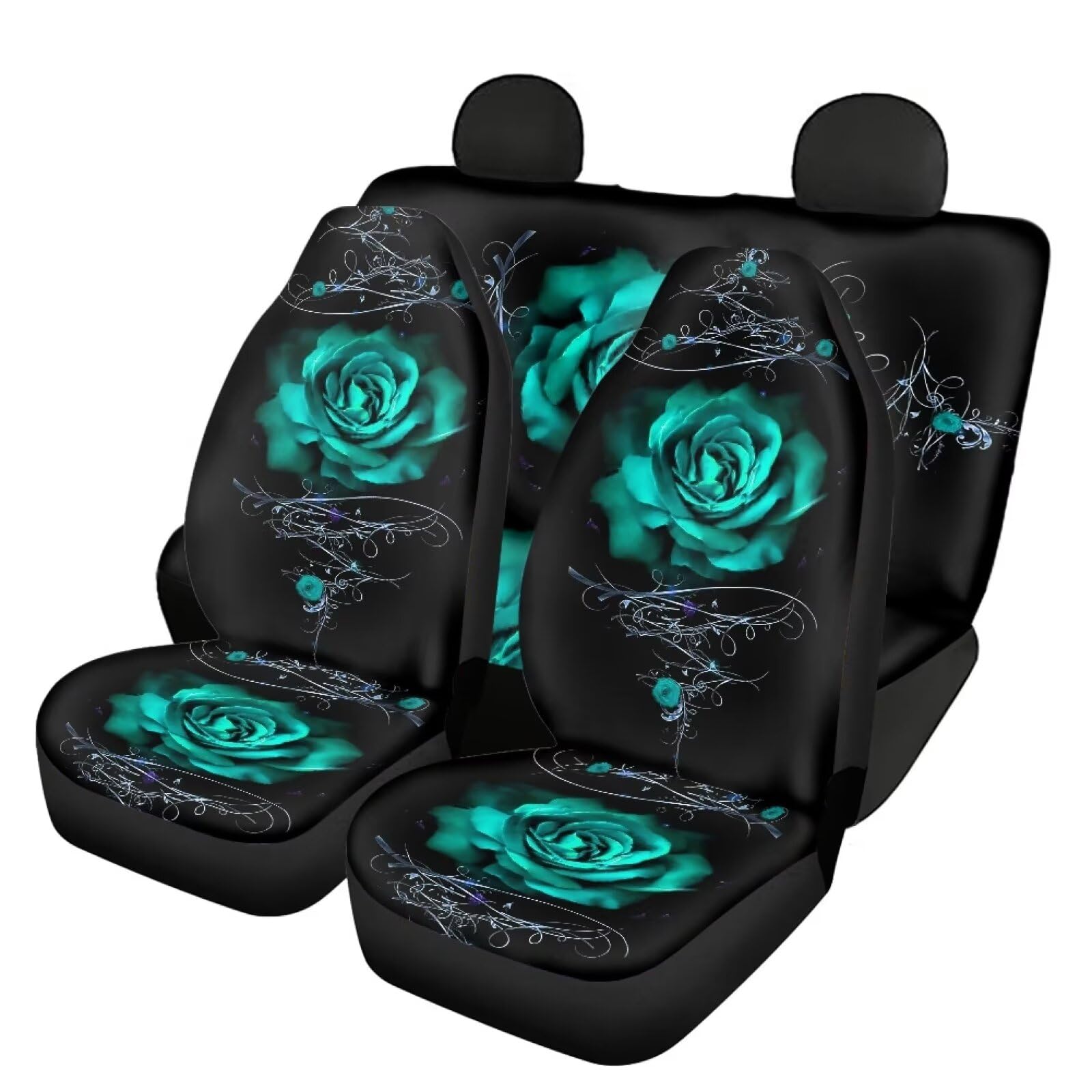 Howilath Teal Green Rose 4 Pieces Car Seat Covers Full Set Universal Fit for Most Car Trucks Suvs Interior Auto Accessories