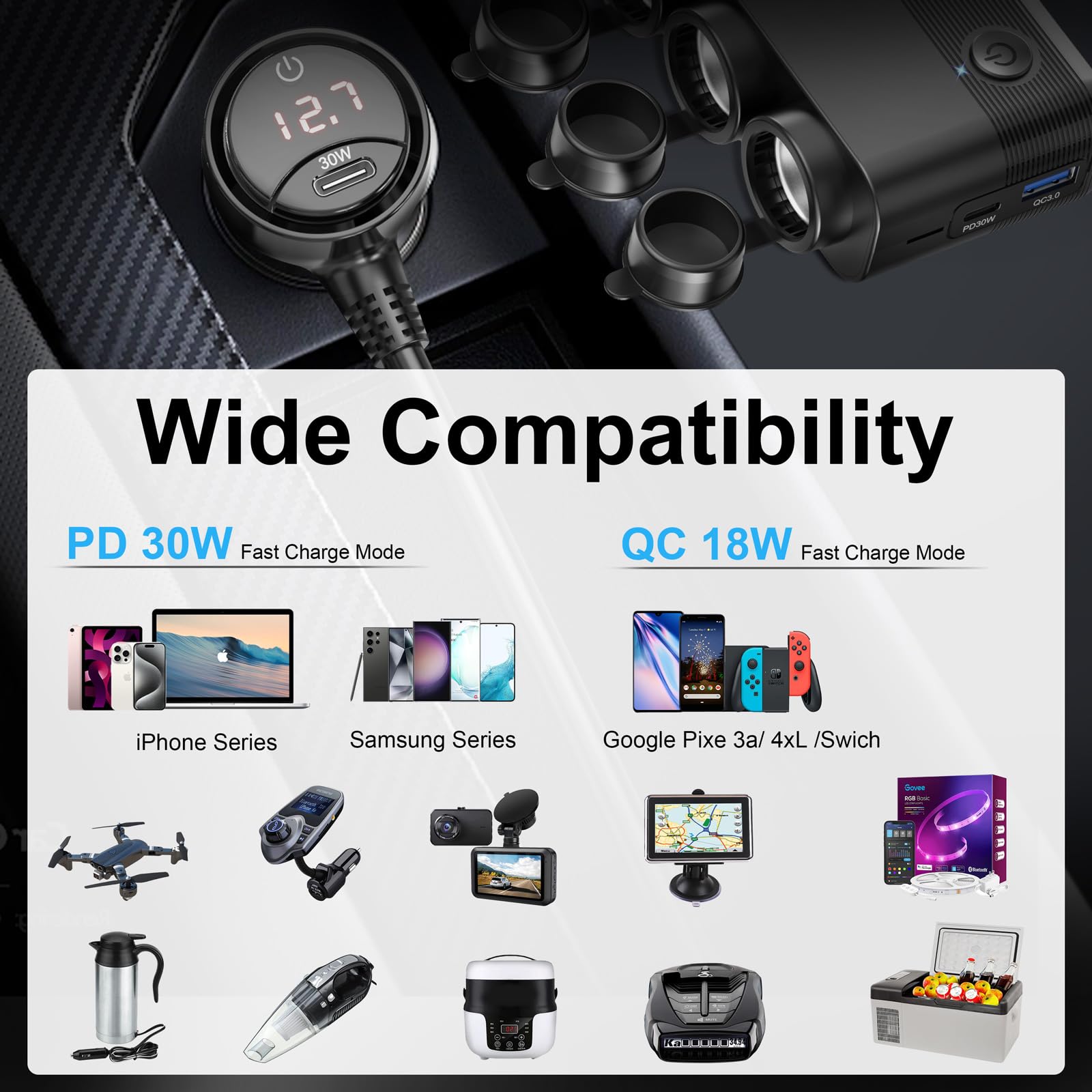 Qidoe Cigarette Lighter Splitter,300W 4-Socket Car Charger Adapter With Dual Pd30W Type C & Qc18W Usb,12V/24V Car Splitter Adapt