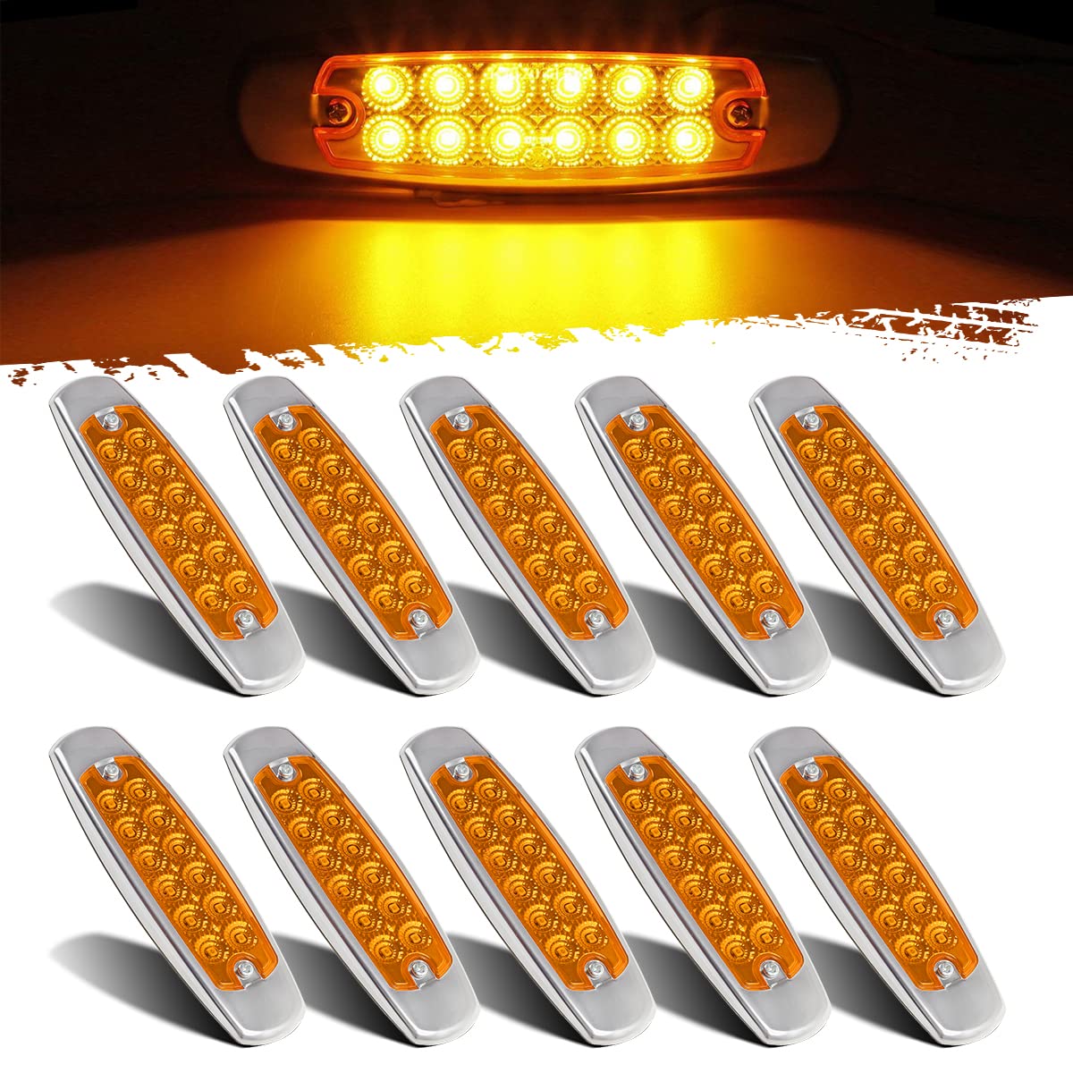 Partsam 10Pcs 6.2'' Amber 12Led Side Marker Clearance Lights With Stainless Steel Bezel For Trailer Truck Rv Camper 12V