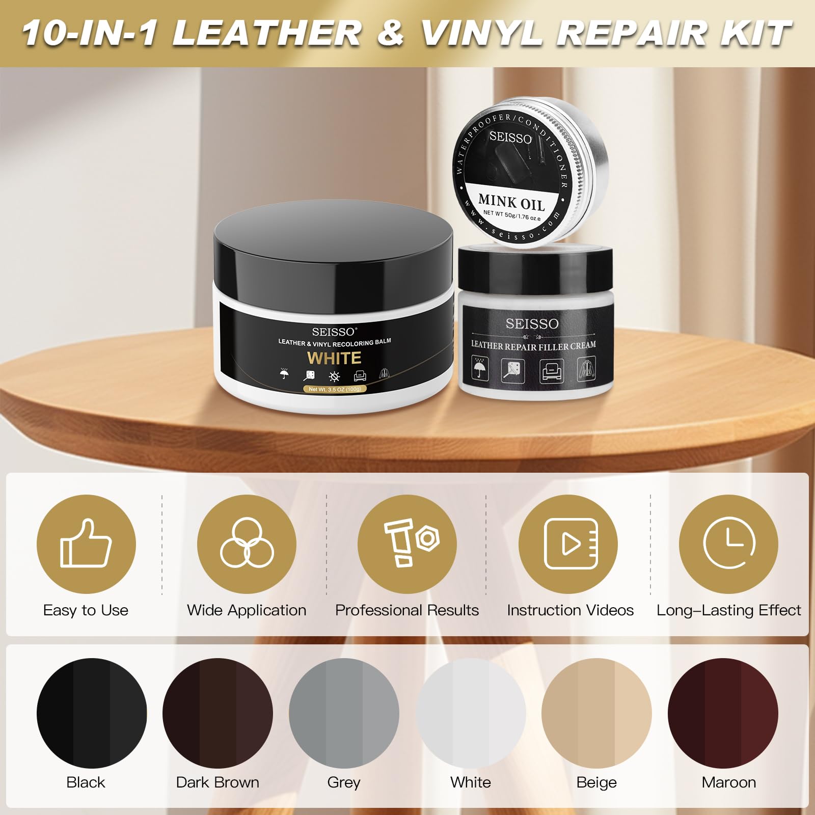 SEISSO Leather Repair Kit for Furniture, White Vinyl Repair Kit with Mink Oil Car Interior Leather Recoloring Balm for Scratches