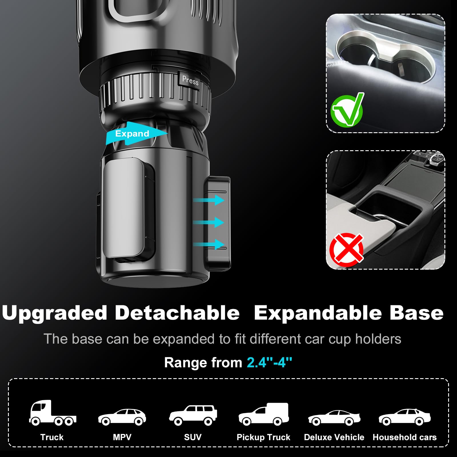 Car Cup Holder Expander with Adjustable Offset Base, All Purpose Cupholder Extender for car with Expandable, Univeral for Most P