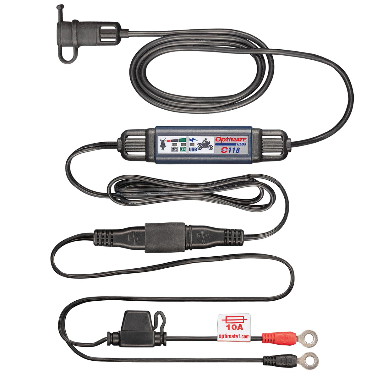 Optimate Usb O-118, Smart In-Line 3300Ma Motorcycle Usb-C Charger, With Standby Mode And Vehicle Battery Monitor