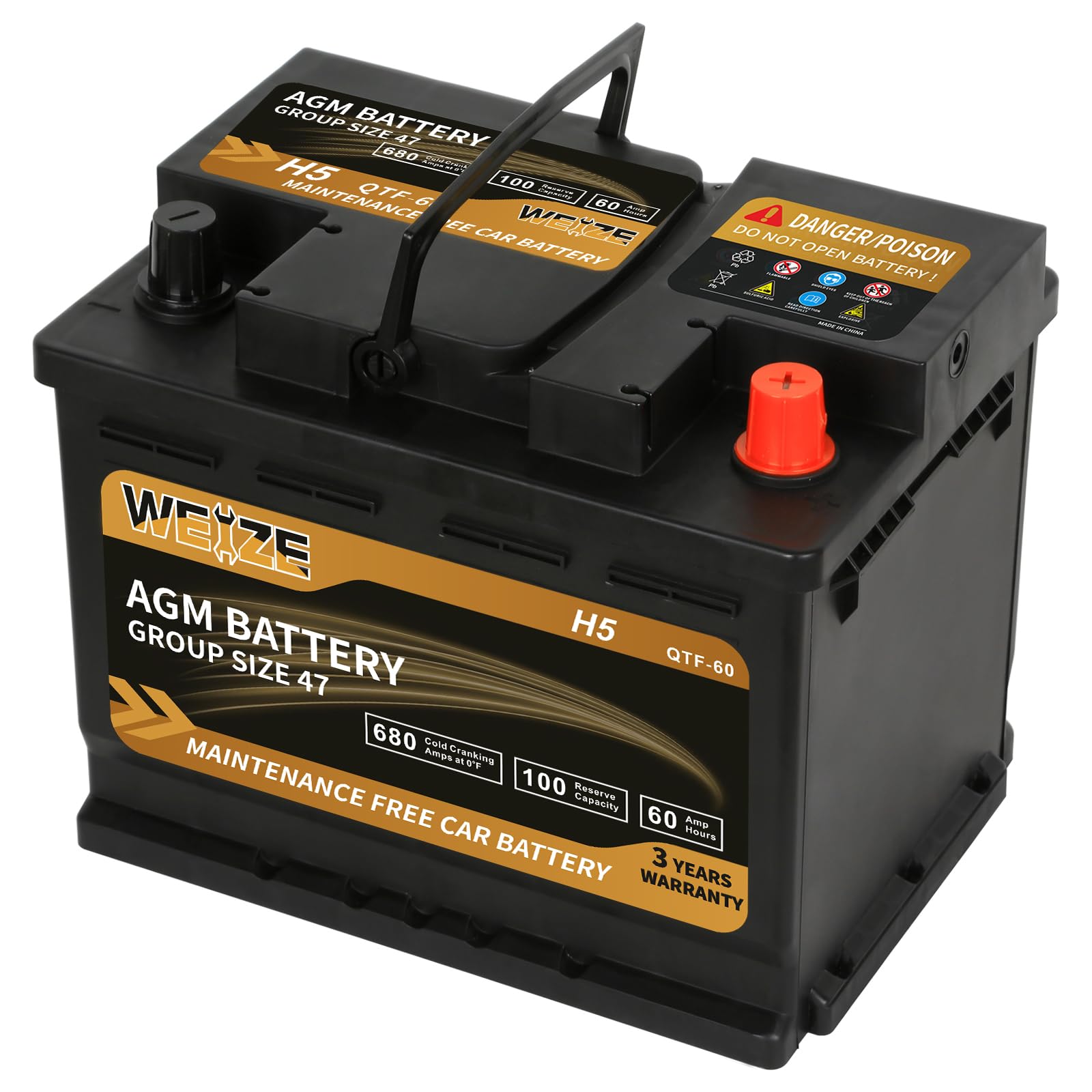 Weize Platinum Agm Battery Bci Group 47-12V 60Ah H5 Size 47 Automotive Battery, 100Rc, 680Cca, 36 Months Warranty