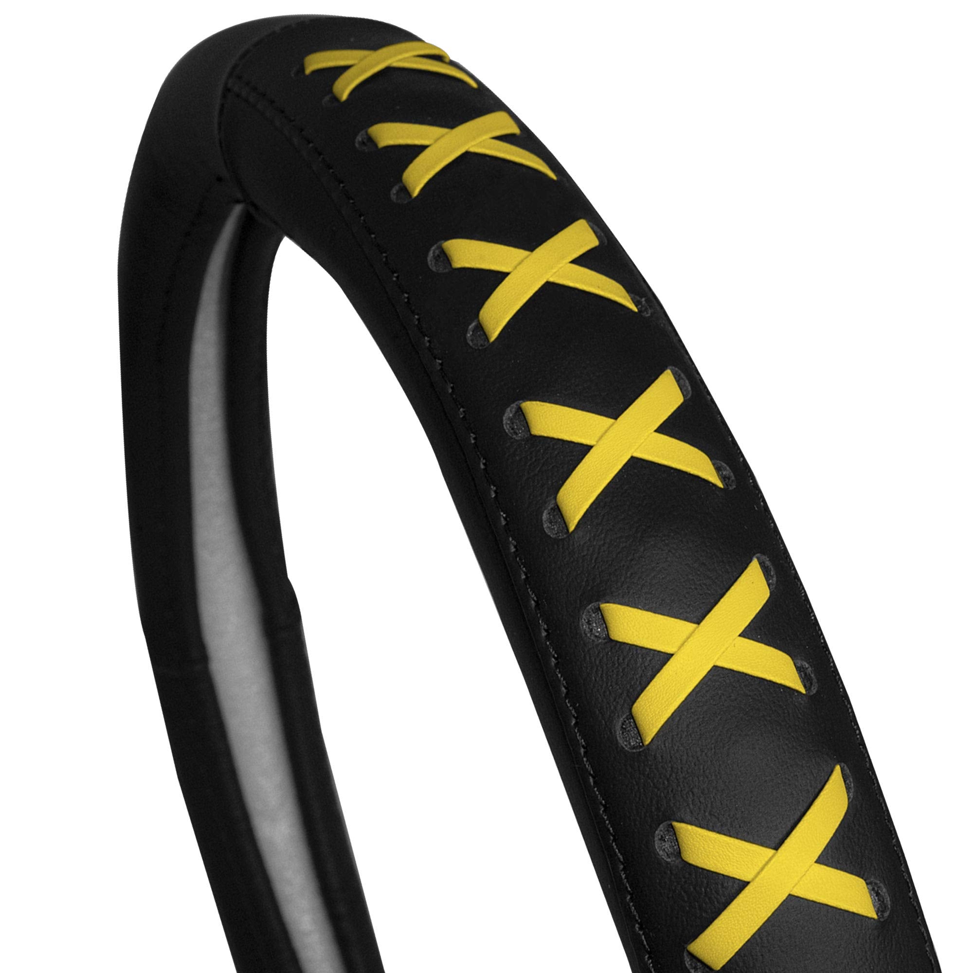 Fh Group Universal Fit 15 Inch Genuine Leather With Lace-Up Detailing Steering Wheel Cover Fits Most Cars, Suvs Yellow