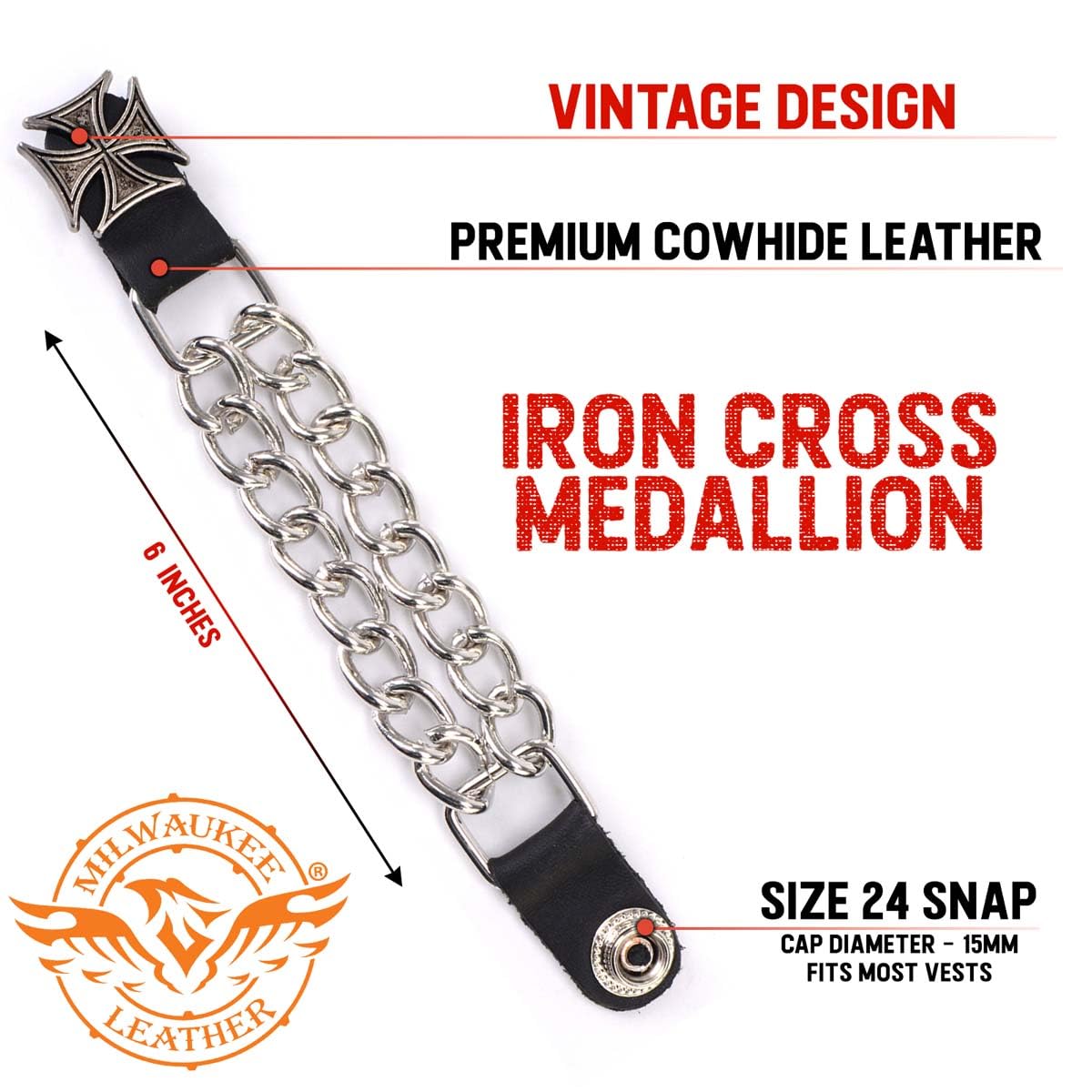 Milwaukee Leather MLA6045SET Iron Cross 4-PCS Vest Extender Double Chrome Chains w/Genuine Leather 6'' Extension - 6 Inch