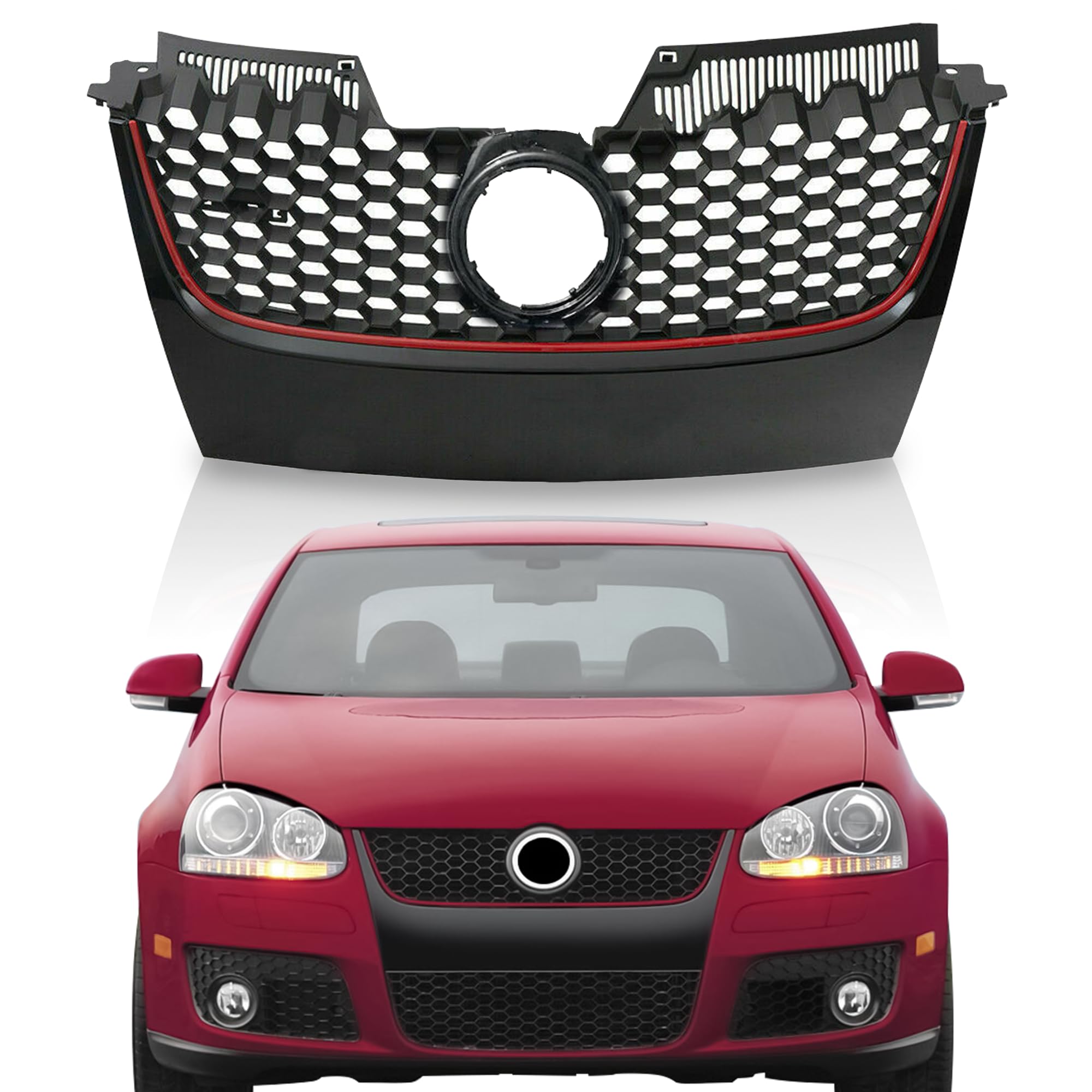 Partsflow Front Upper Main Black W/Red Trim Mesh Grille For 2006 2007 2008 2009 Volkswagen VW GTI For 2006 2007 2008 2009 Volksw
