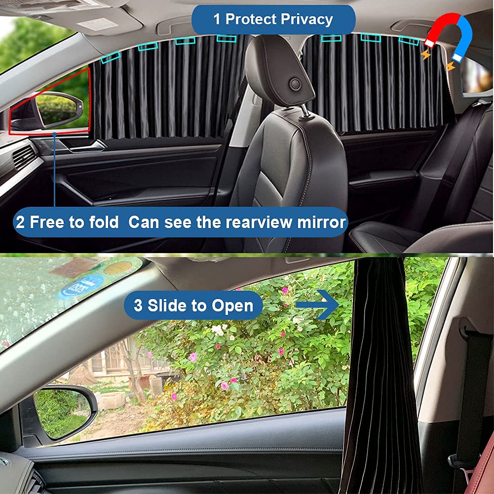 Ovege Car Window Shade -Car Side Window Sun Shade Car Curtain Pleated Silky Uv Protection Privacy Baby Suction Magnetic (Black-Opaque, Front&Back 4Pcs)