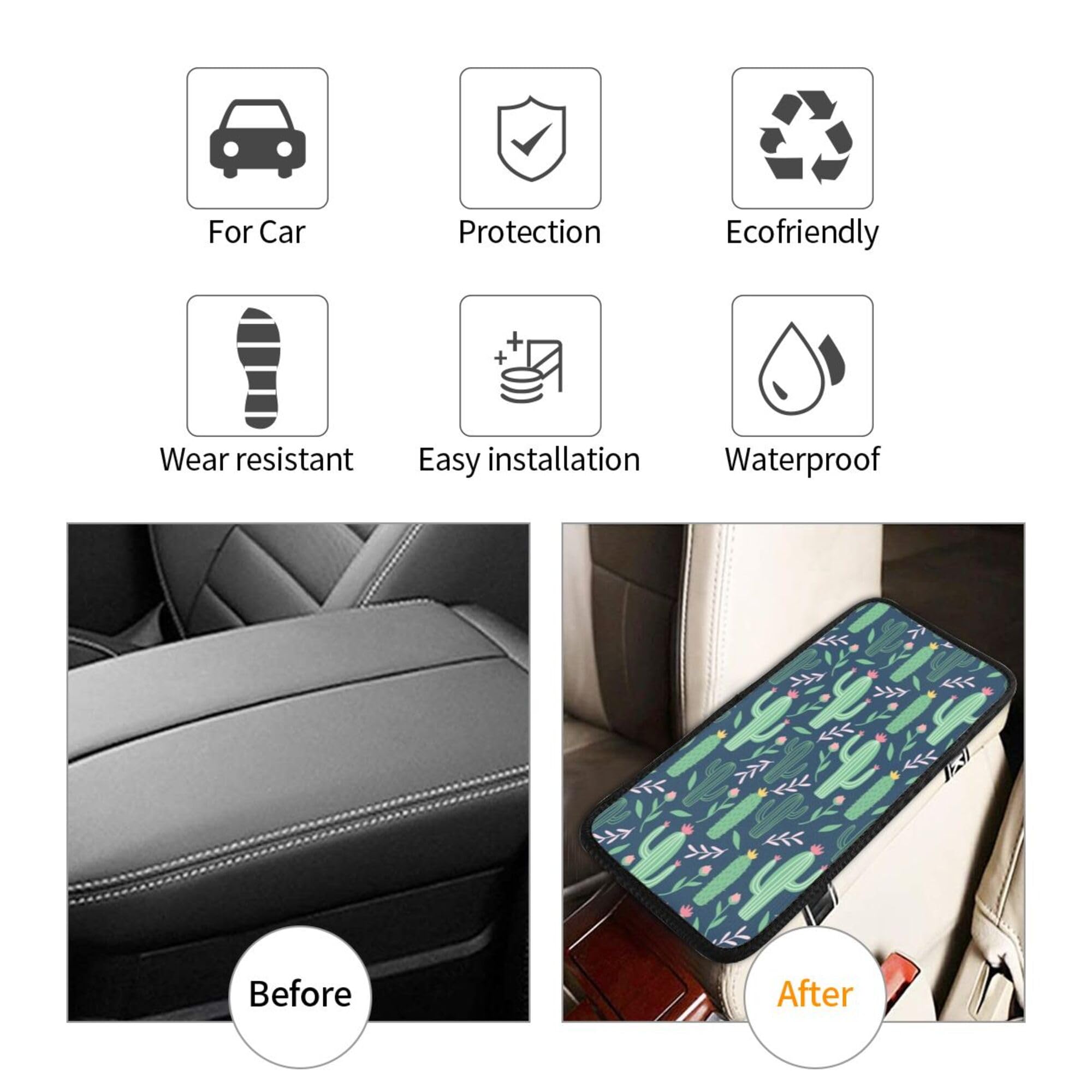 THOEWONG Universal Car Center Console Cover, Cactus Flowers Soft Car Armrest Cushion, Arm Rest Covering Car, Middle Console Cove