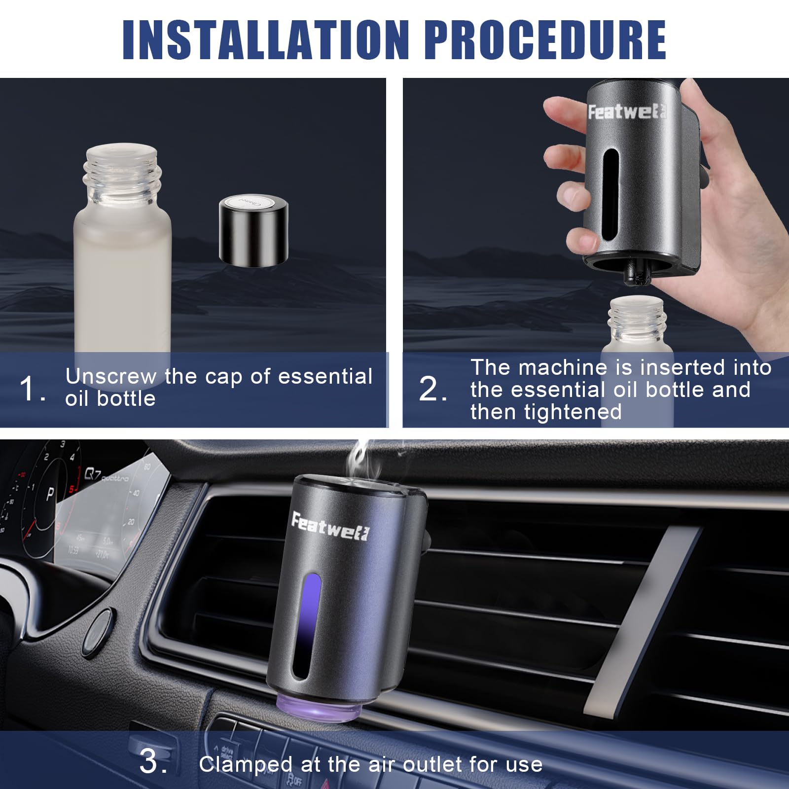 Featwell Car Air Freshener Diffuser, Three Adjustable Modes Smart Car Air Freshener, Intelligent Car Aroma Diffuser With 3Pcs Es