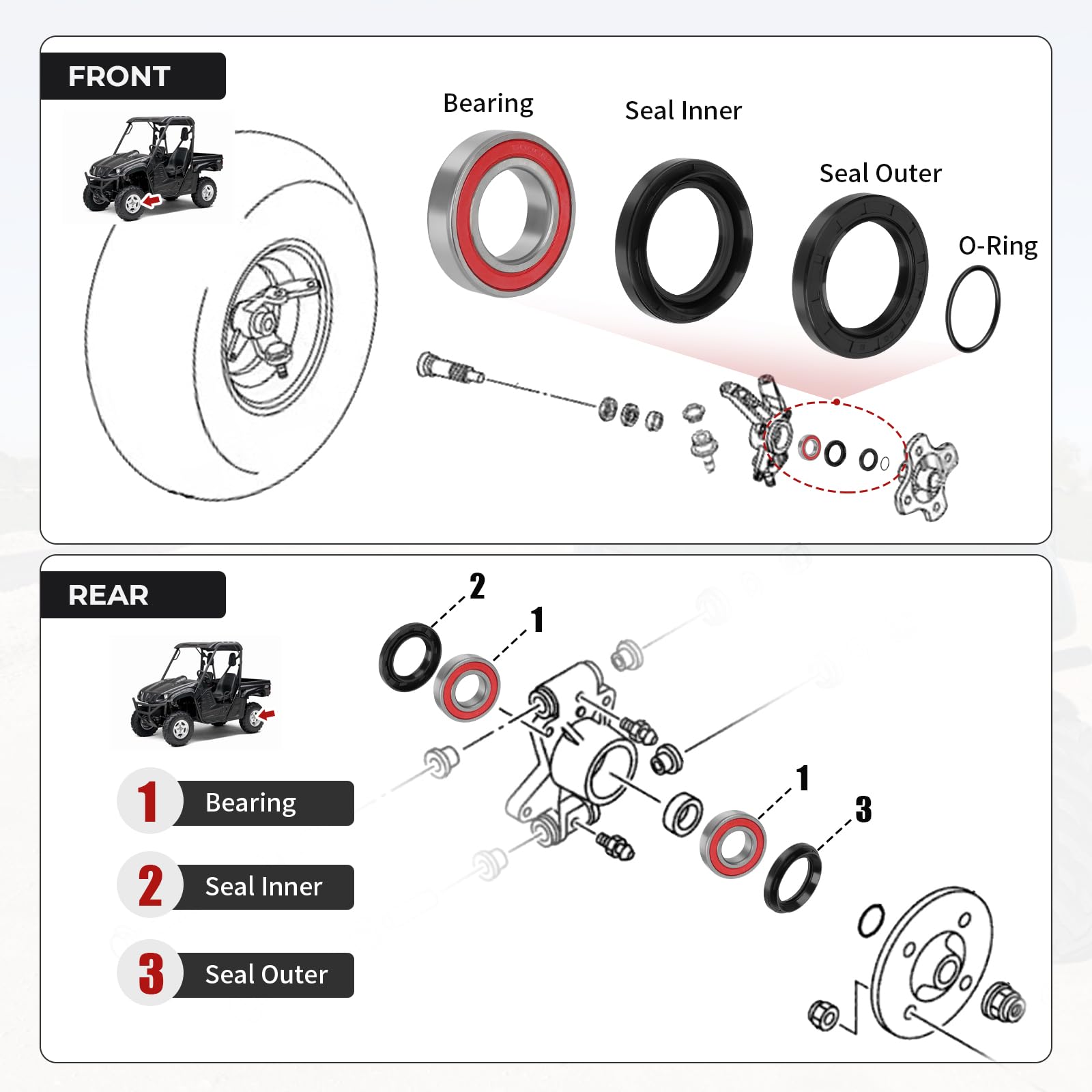 Front & Rear Wheel Bearings Seals for Yamaha Rhino 450 Rhino 660 Rhino 700 2005-2013, OEM# 93106-42800-00 93106-38800-00 93106-3