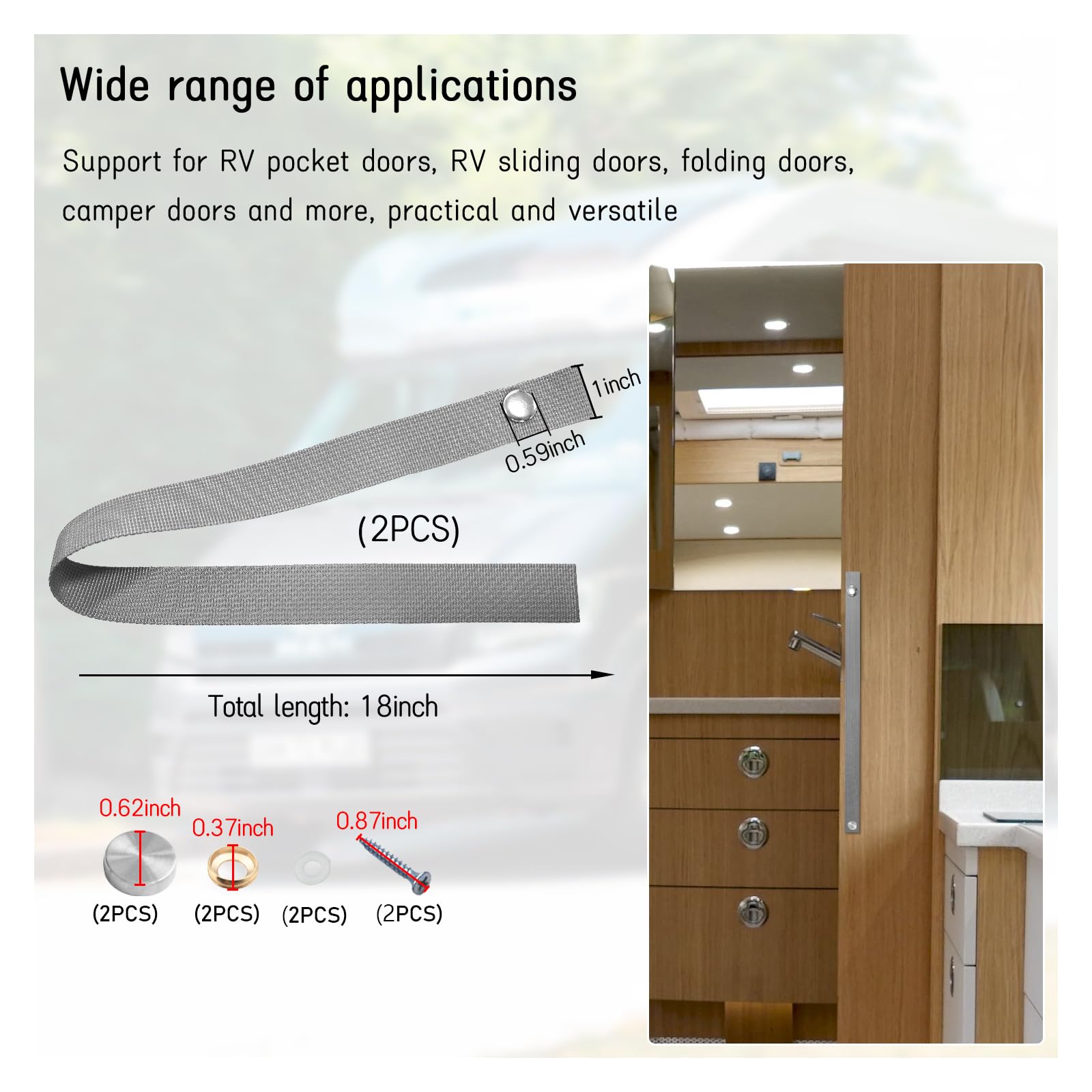 Dickno 2 PCS RV Door Straps, 18 Inch Sliding Door Long Security Strap with 4 PCS Button Snap, Universal Locking Tieback Strap Ac