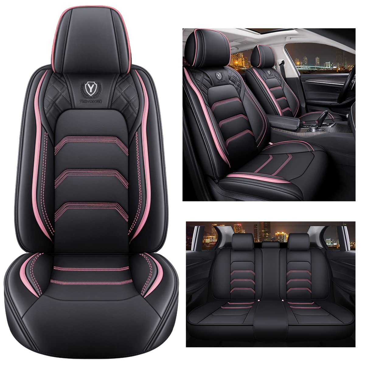 YXQYOEOSO Comfortable Leather Auto Car Seat Covers 5 Seats Full Set Universal Fit (Black & Pink