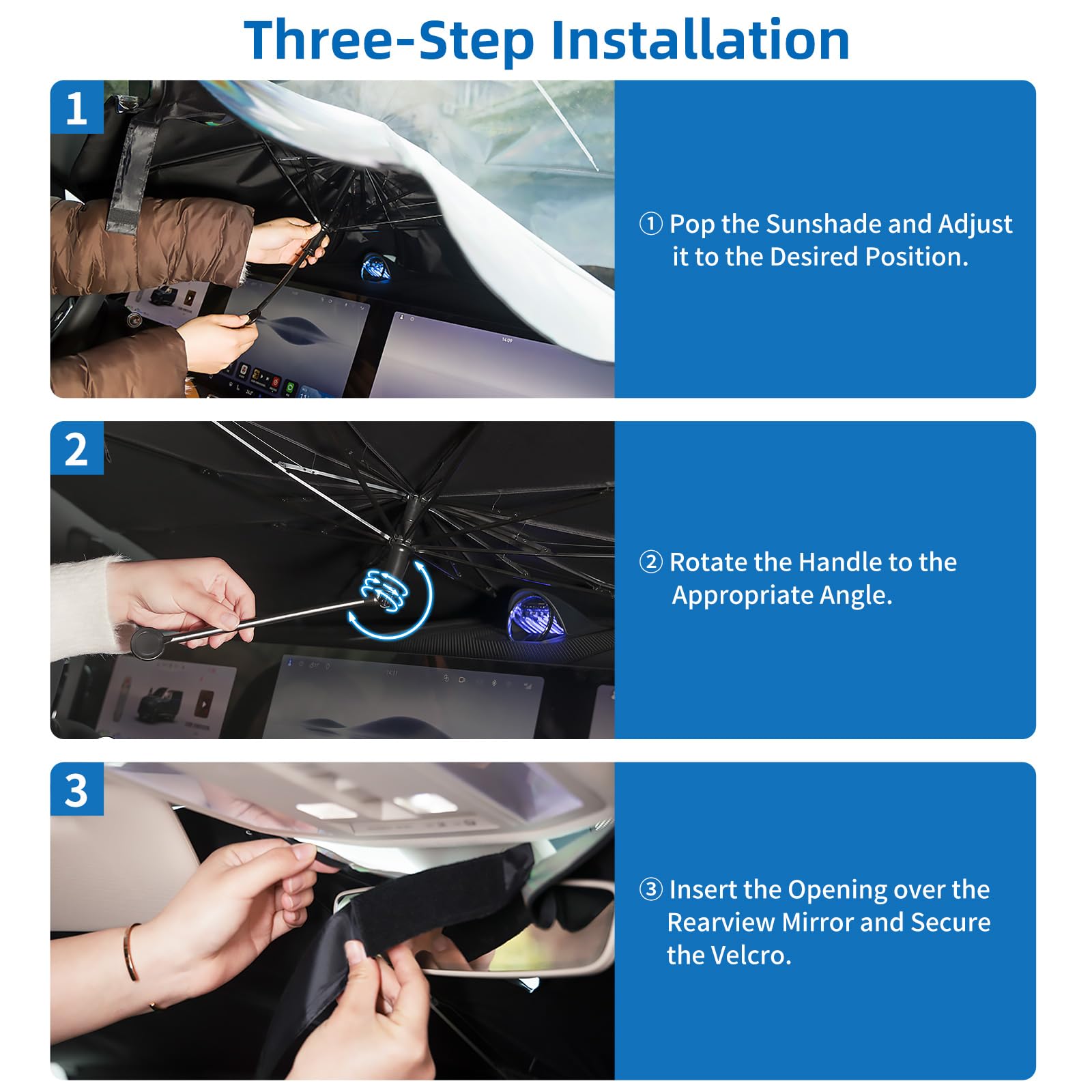 AOKWAY Sun Shade for car Windshield 55x31.5 inch, Foldable Car Front Window Sunshade with 360Rotation Handle, Auto Sunshade Bloc