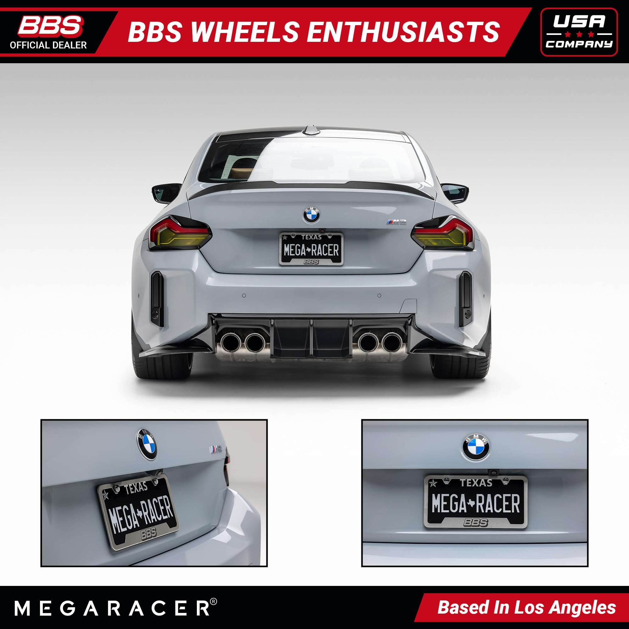 Mega Racer BBS License Plate Frame - Brushed Chrome Stainless Steel, Rustproof, Universal Fit, 1 Piece
