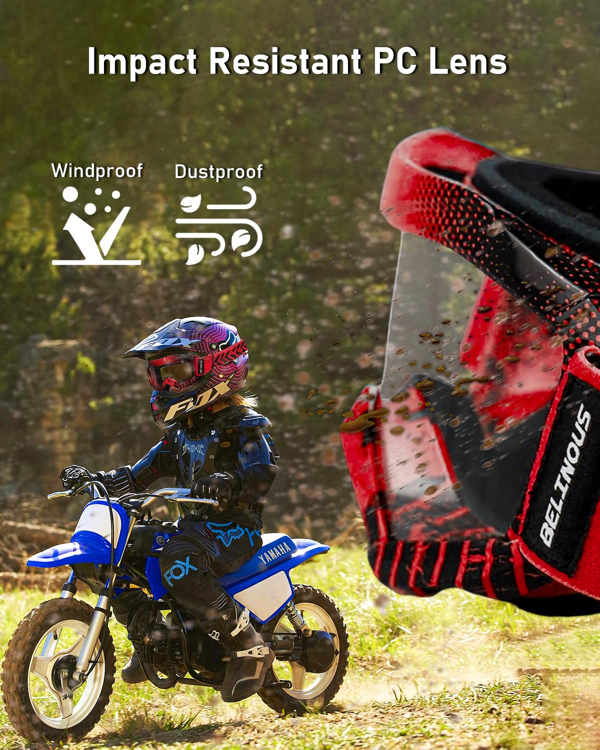 Belinous Kid Riding Goggles For Atv Dirt Bike Motorcycle Motorcross Mx, Uv Protectioin, Youth Dirt Bike Goggles For Kids 3-12 With Soft Strap, Red