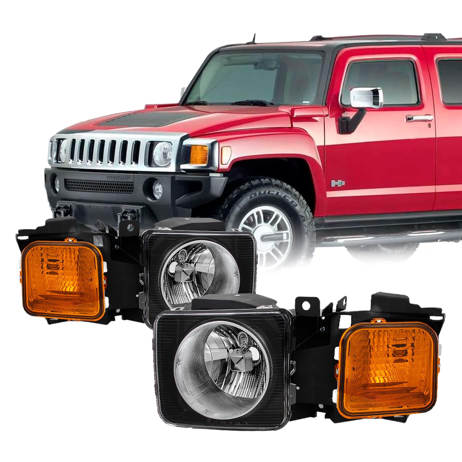 Akkon - For Hummer H3 | H3T Black Amber Headlights Head Lamps Driver Left + Passenger Right Side Replacement Set